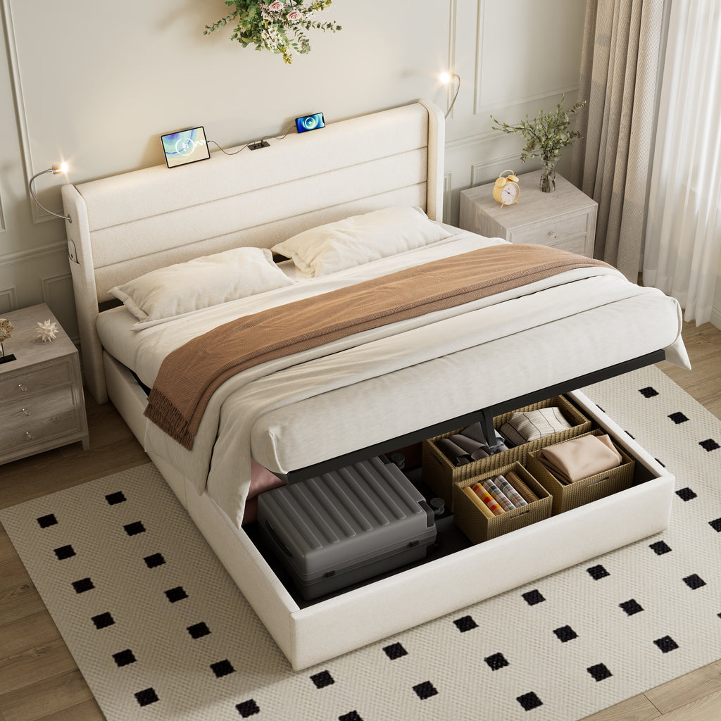 King Upholstered Bed with Charging Station, Linen Hydraulic Storage Bed with Adjustable LED Reading Light, 5ft King Bed Frame with USB and Type - C Ports, No Box Spring Needed, Beige (No Mattress)