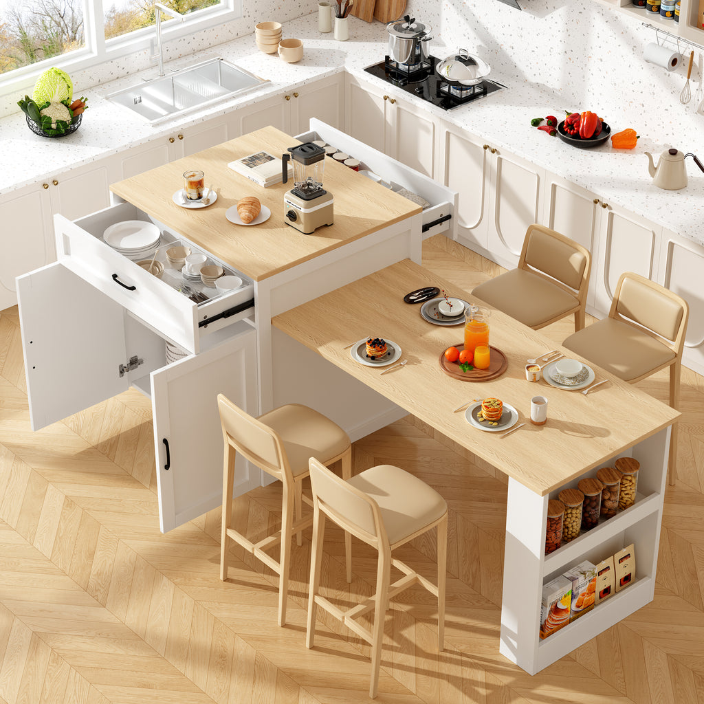 Extendable Bar Table with Storage (133–202 × 70 × 93.5 cm), with 2 Drawers and 2 Compartments, Expandable Kitchen Island Table for 2–6 People, Kitchen Dining Cart with Side Shelves, White.