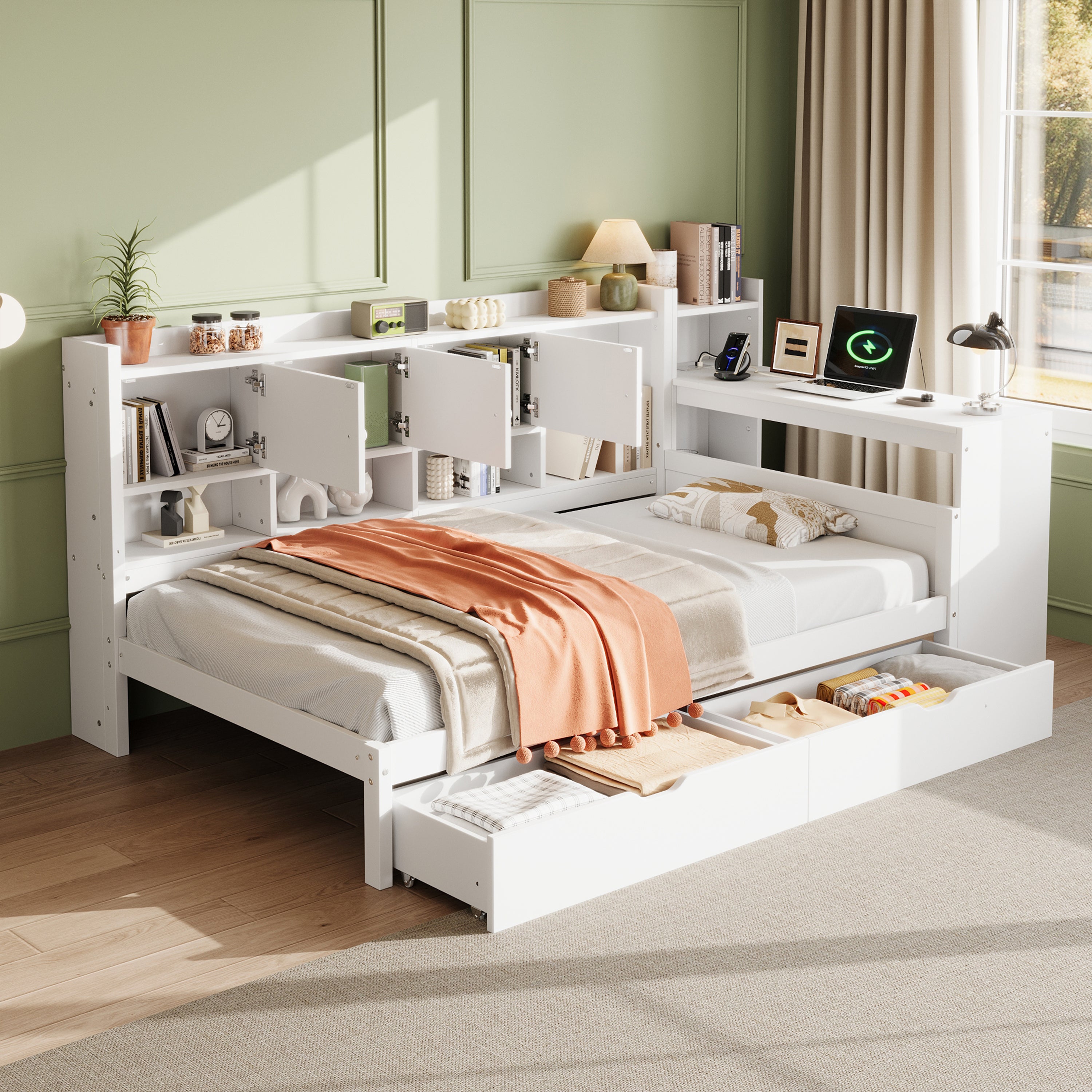 3ft Single Daybed with Storage Drawers and Bookcase, Modern Bed frame with Charging Station and Integrated Desk, Wood Bed for Living Room/ Bedroom/ Study Room, Two Assembly Methods, White(No Mattress)