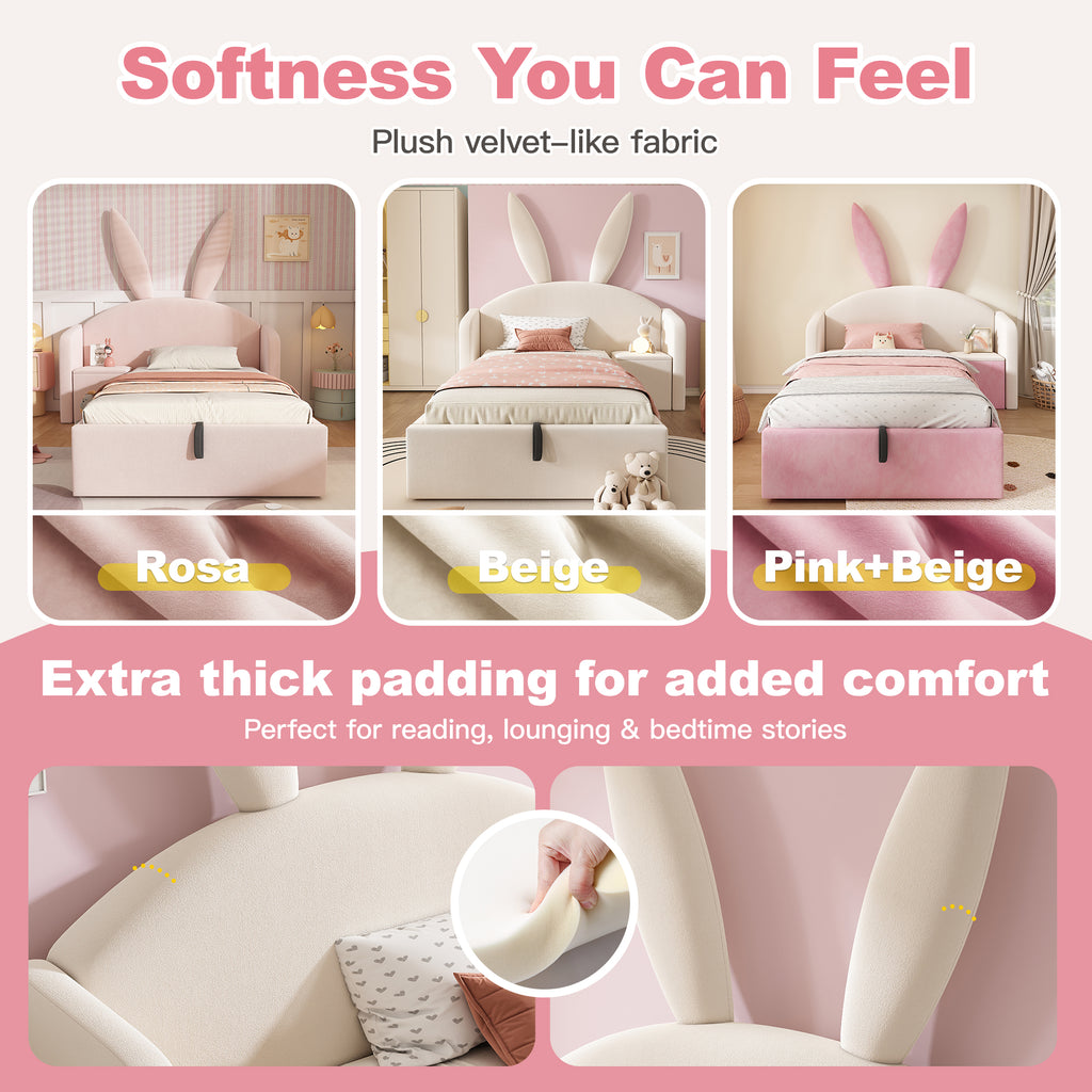 Bunny Ears Kids Bed, Single Upholstered Bed with Hydraulic Storage & Nightstand, Children Bed Frame for Girls Bedroom, 90 x 190 cm, Beige, No Mattress