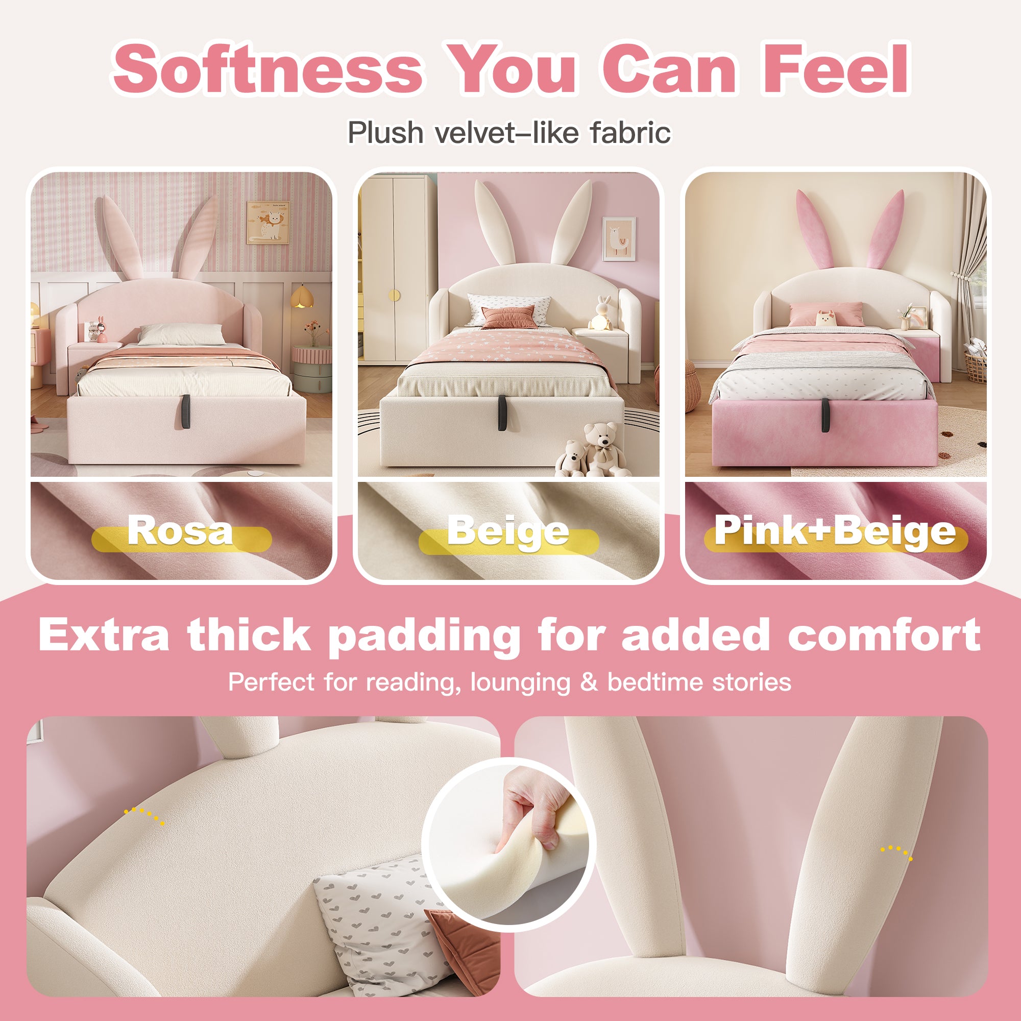 Bunny Ears Kids Bed, Single Upholstered Bed with Hydraulic Storage & Nightstand, Children Bed Frame for Girls Bedroom, 90 x 190 cm, Beige, No Mattress