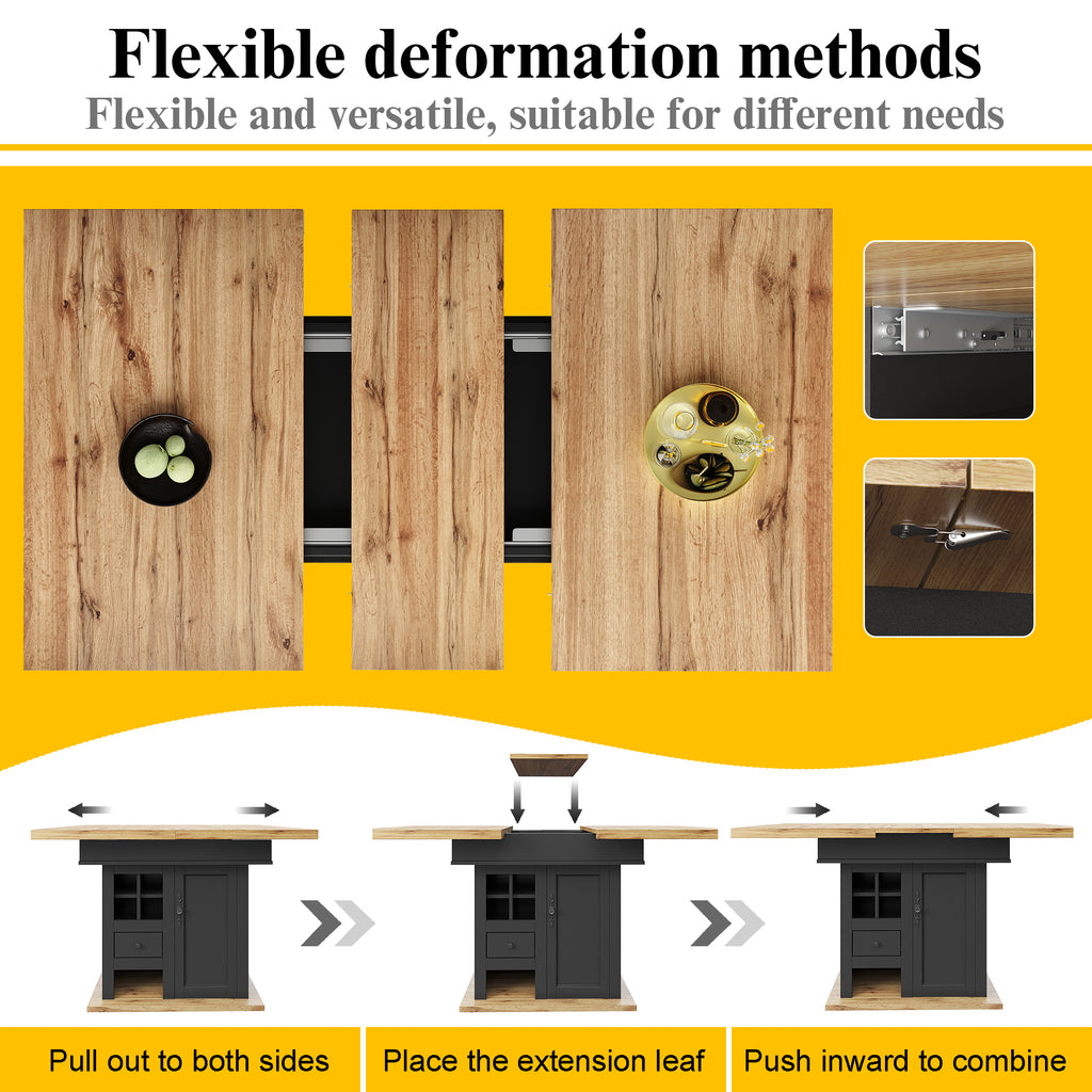 Telescopic dining table (110-140×80cm), foldable kitchen table for 4-6 people, extendable dining table, space-saving kitchen table, for kitchen and living room, dining table with wine rack and drawers