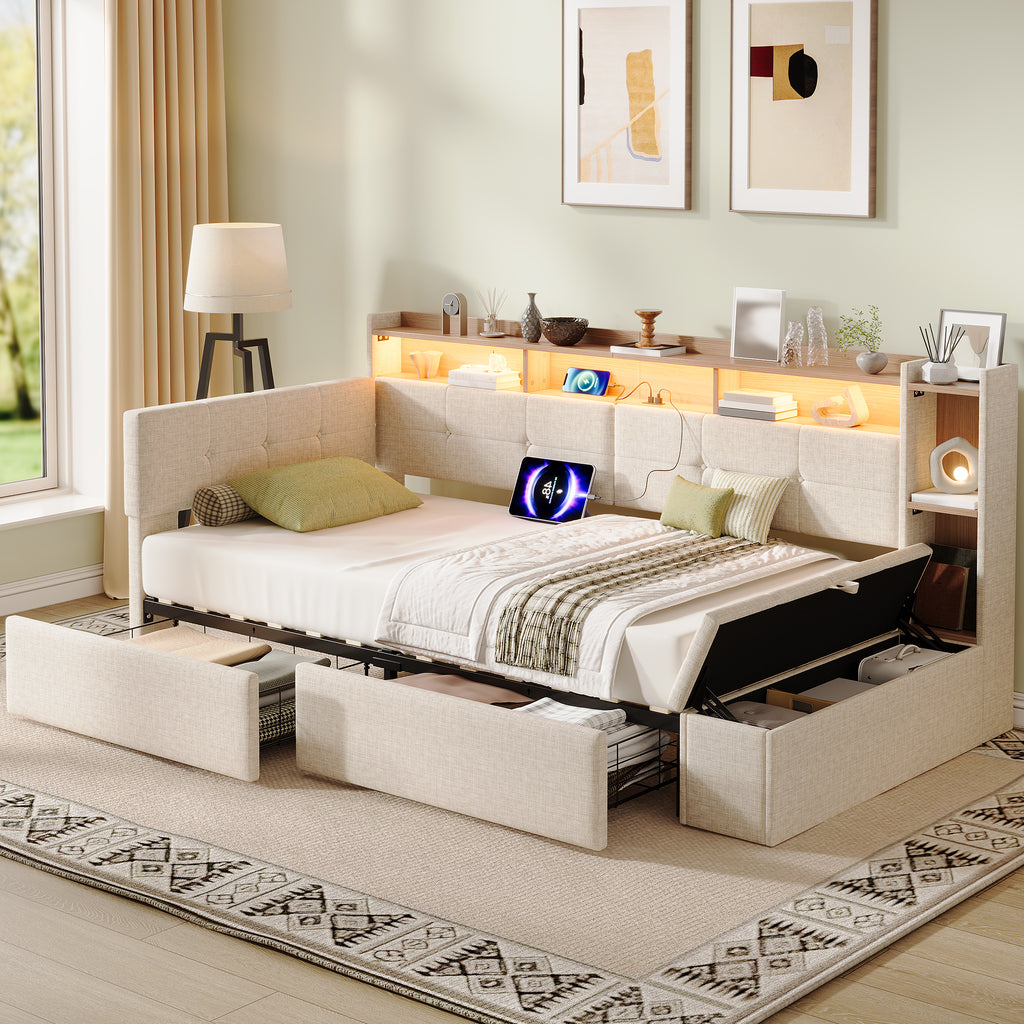 3ft Single LED Daybed with Storage Drawers and Bed End Ottoman Storage, Modern Linen Sofa Bed with Charging Station for Living Room/ Bedroom/ Study Room, 90X190cm, Beige (No Mattress)