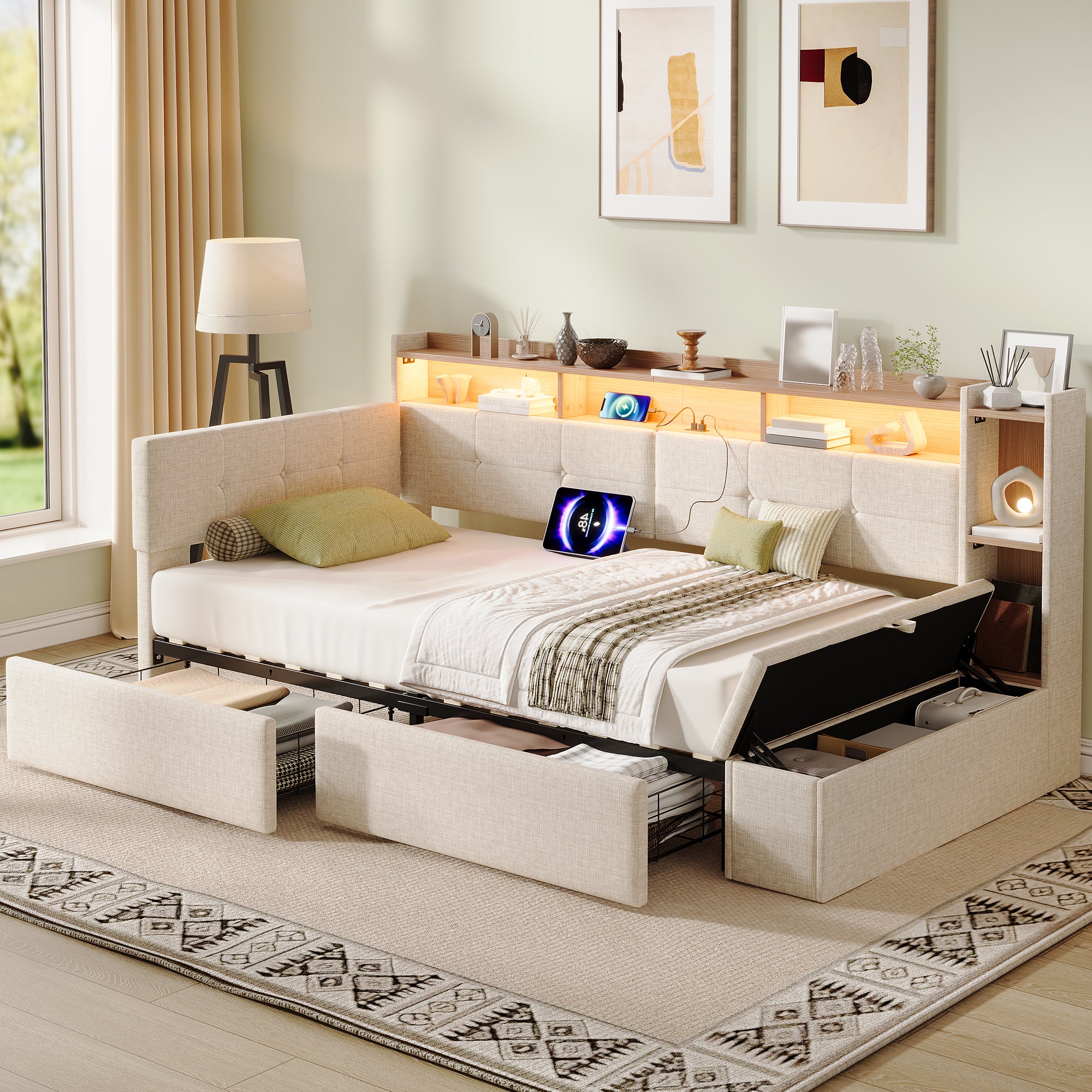 3ft Single LED Daybed with Storage Drawers and Bed End Ottoman Storage, Modern Linen Sofa Bed with Charging Station for Living Room/ Bedroom/ Study Room, 90X190cm, Beige (No Mattress)