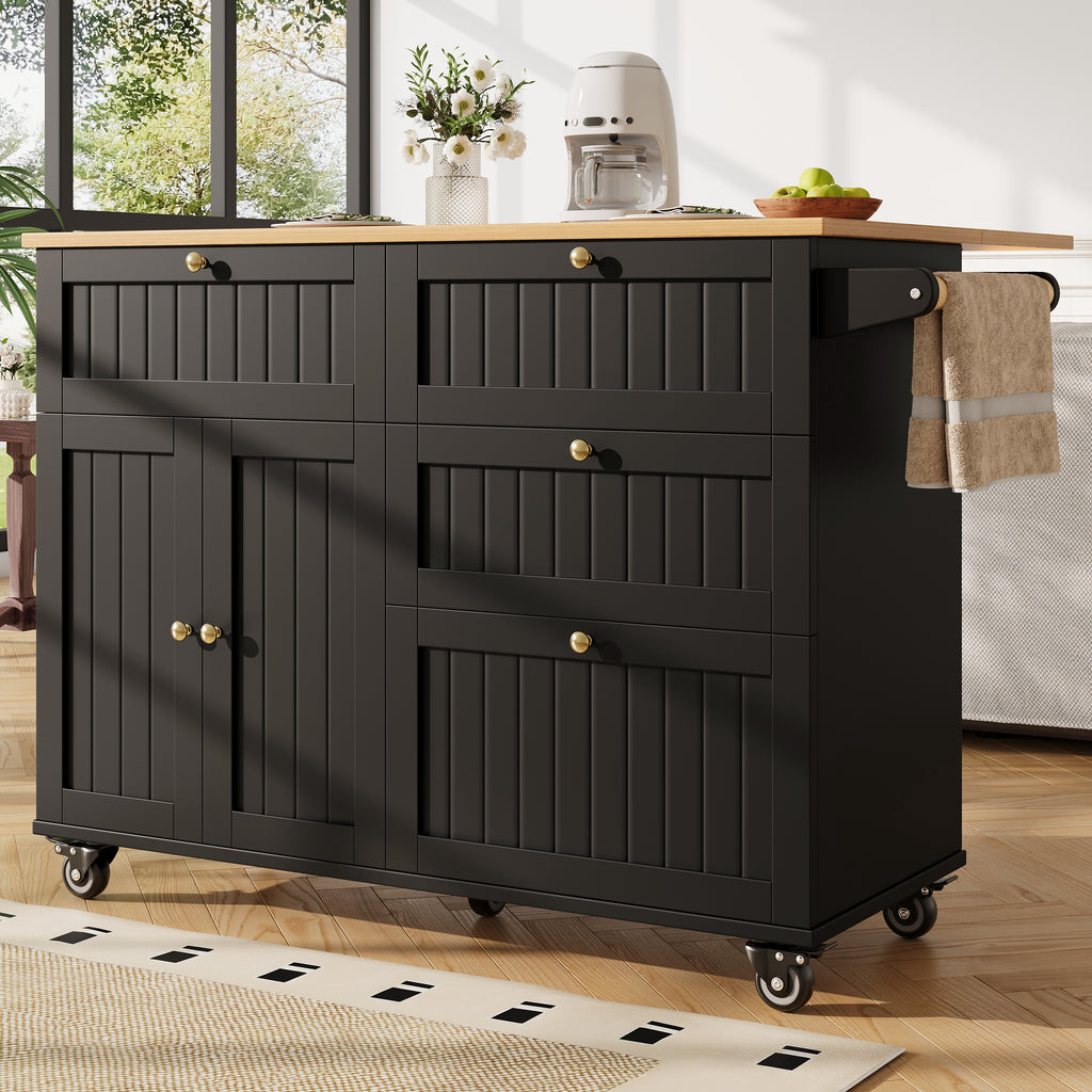 Rolling Mobile Kitchen Island, Table on Wheels with Drawer and Storage Cabinet, Portable Kitchen Island Cart with Drop Leaf, Breakfast Bar, Towel Rack, Black