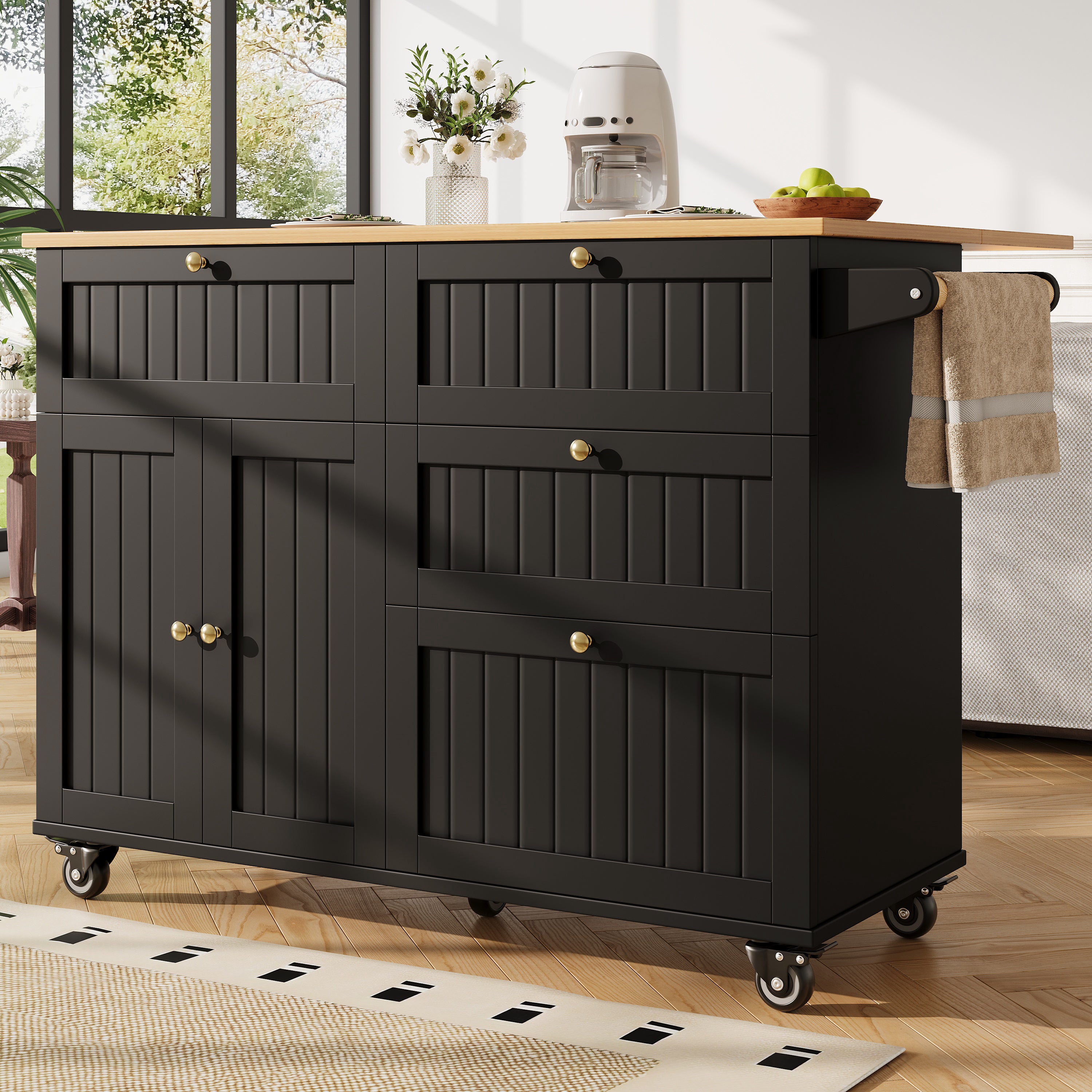 Rolling Mobile Kitchen Island, Table on Wheels with Drawer and Storage Cabinet, Portable Kitchen Island Cart with Drop Leaf, Breakfast Bar, Towel Rack, Black