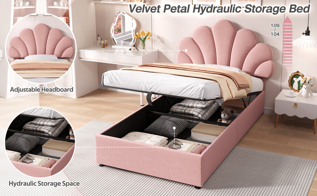 3ft Single Upholstered Hydraulic Bed with Adjustable Chic Petal Headboard, Soft Velvet Bed Frame with Hydraulic Storage, Petal Bed with Solid Wood Slat, No Box Spring Needed, Pink (No Mattress)