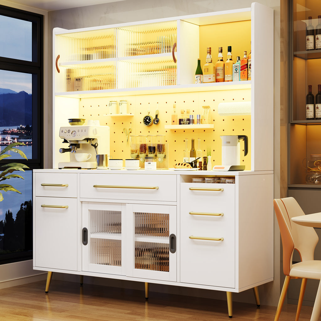 Modern sideboard with LED lighting, tall cabinet for kitchen and living room, storage cabinet with perforated wall, drawer and glass shelves, white