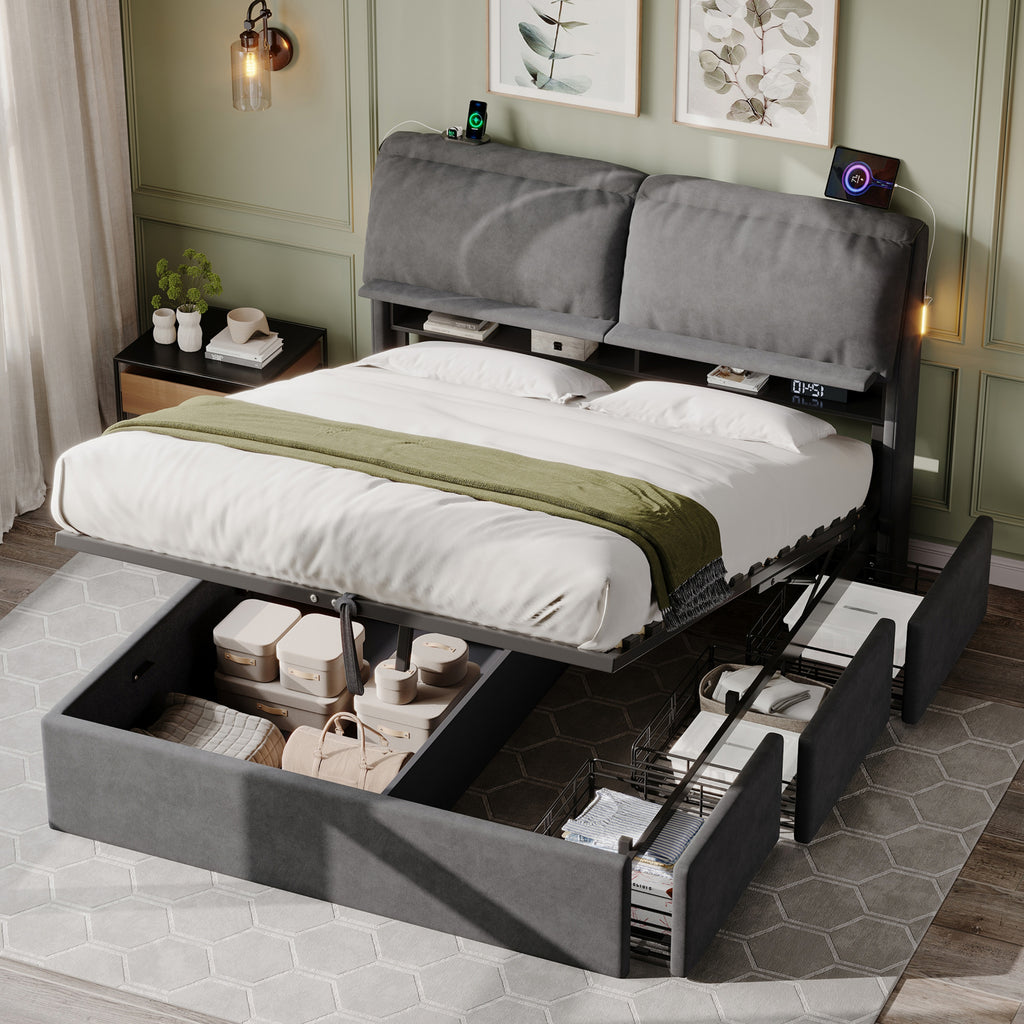 5ft King Bed with Hydraulic Storage, Velvet Upholstered Bed with Headboard Flip-top Storage and Drawers, Back Cushion Headboard with Charging Station and LED Night Light, Grey (No Mattress)