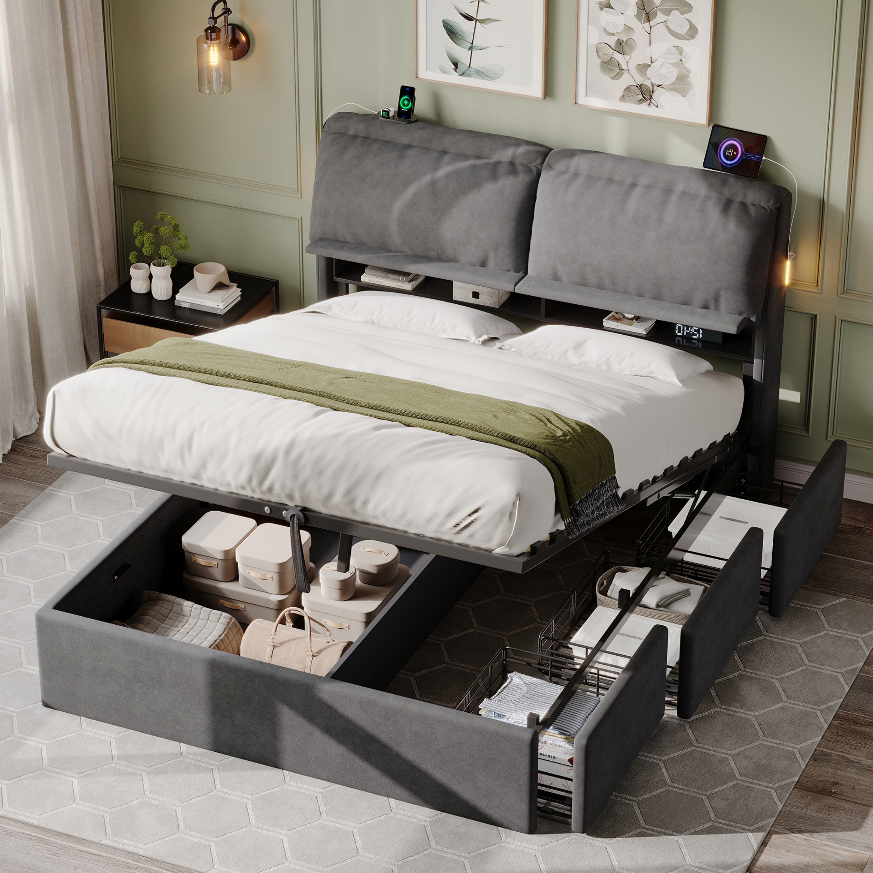5ft King Bed with Hydraulic Storage, Velvet Upholstered Bed with Headboard Flip-top Storage and Drawers, Back Cushion Headboard with Charging Station and LED Night Light, Grey (No Mattress)