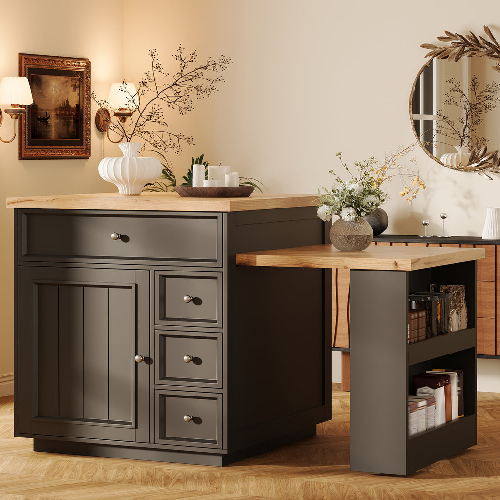 Extendable kitchen island (120-184 cm) with drawers and casters, mobile kitchen island with wood-look tabletop, versatile counter island for kitchen, dining room & bar counter, white/black