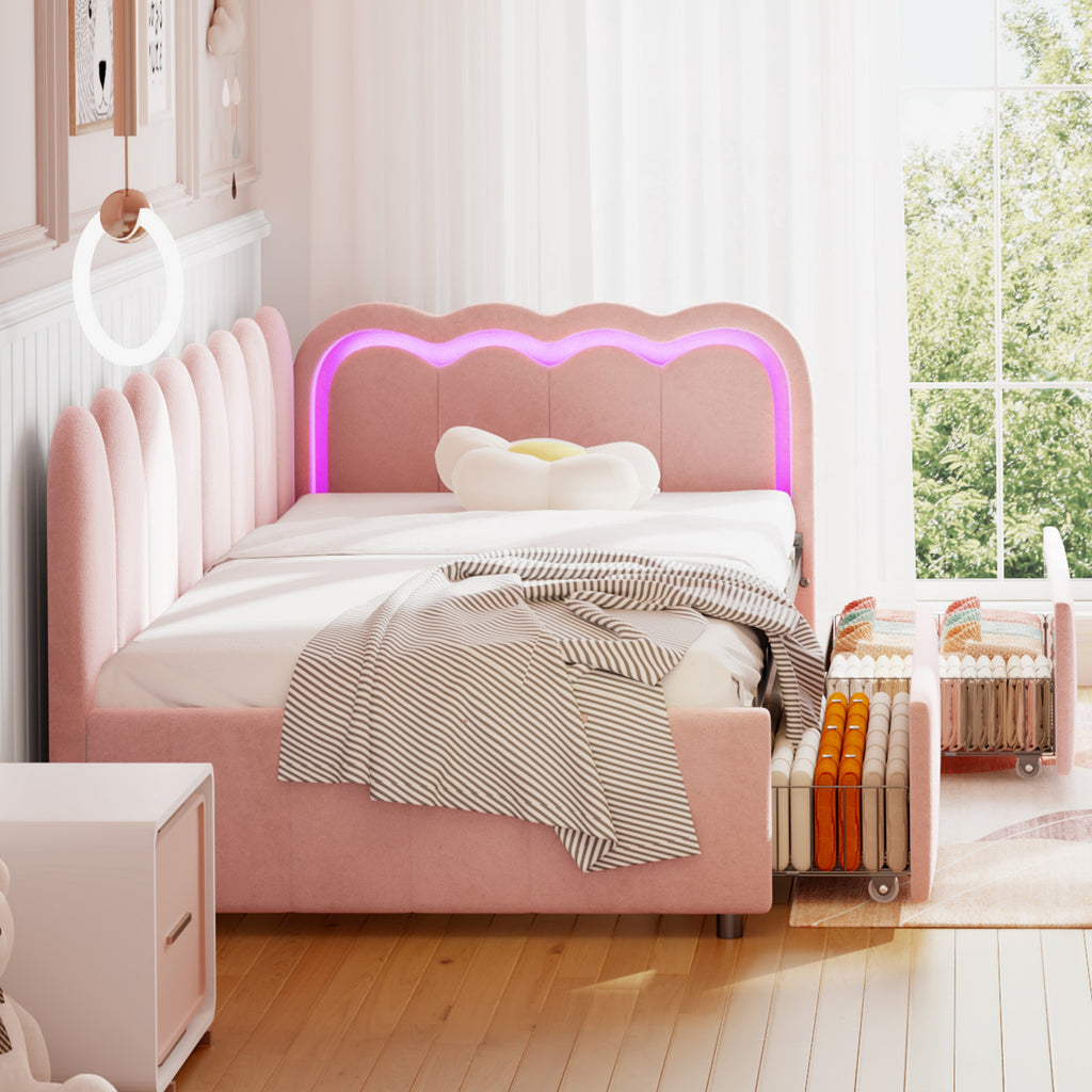 3ft Single Daybed with Smart RGB LED Lights and 2 Storage Drawers, Modern Velvet Youth Bed with Scalloped Backrest and Wooden Slats, Reversible Side Panel, Easy Assembly, Pink (No Mattress)