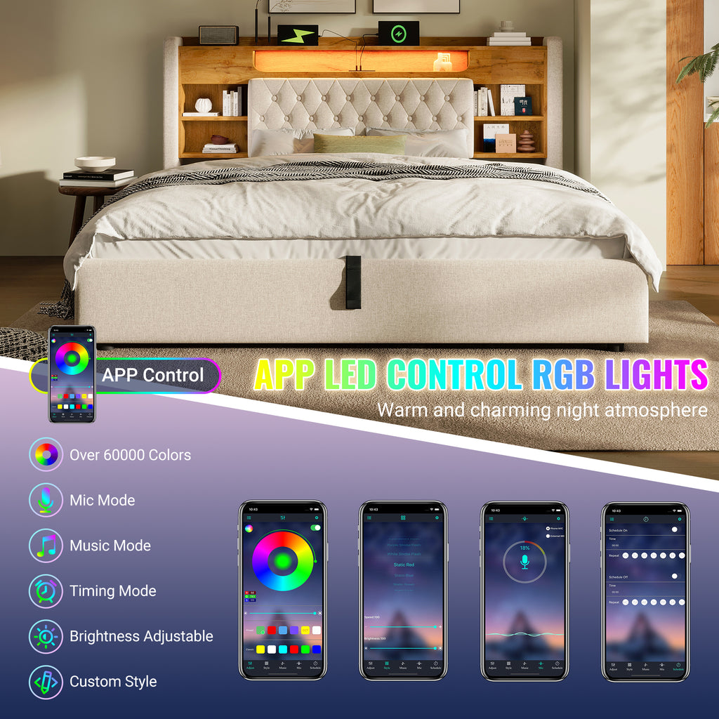 6ft Super King Bed with Hydraulic Storage, Upholstered Bed Frame with LED Lighting & Charging Station, Storage Headboard for Cellphones & Tablets, 180 x 200 cm, Linen, Beige (No Mattress)