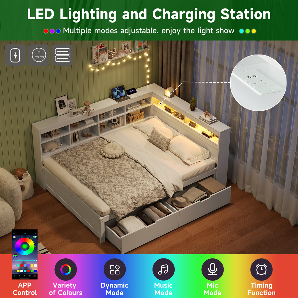 4ft6 Double Daybed with Two Storage Drawers and Beside Storage, LED Modern Bed frame with Charging Station, Wood Bed for Living Room/ Bedroom/ Study Room, 135X190cm, Easy Assembly, White (No Mattress)
