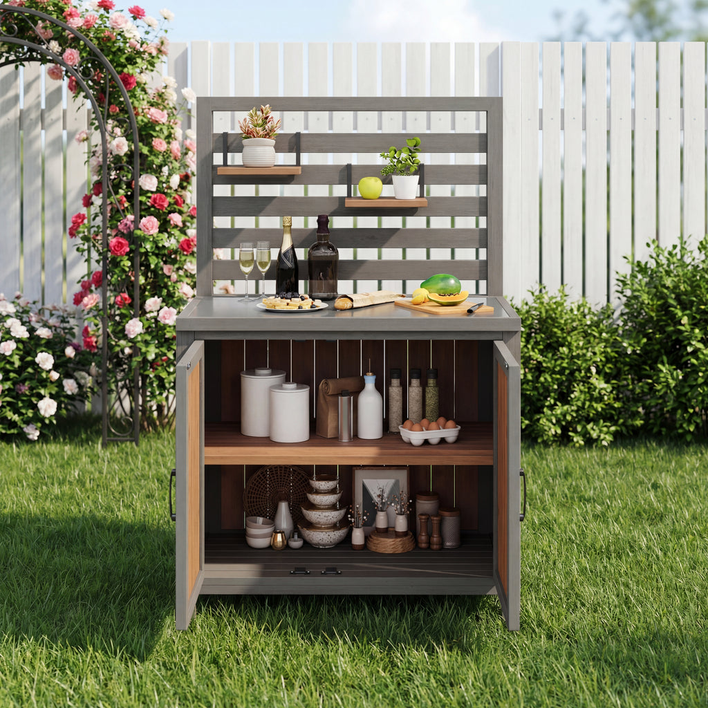 Weatherproof wooden garden cabinet – tool shed with stainless steel worktop, grill station with adjustable shelves and storage compartments, kitchen cabinet for patio, balcony, garden