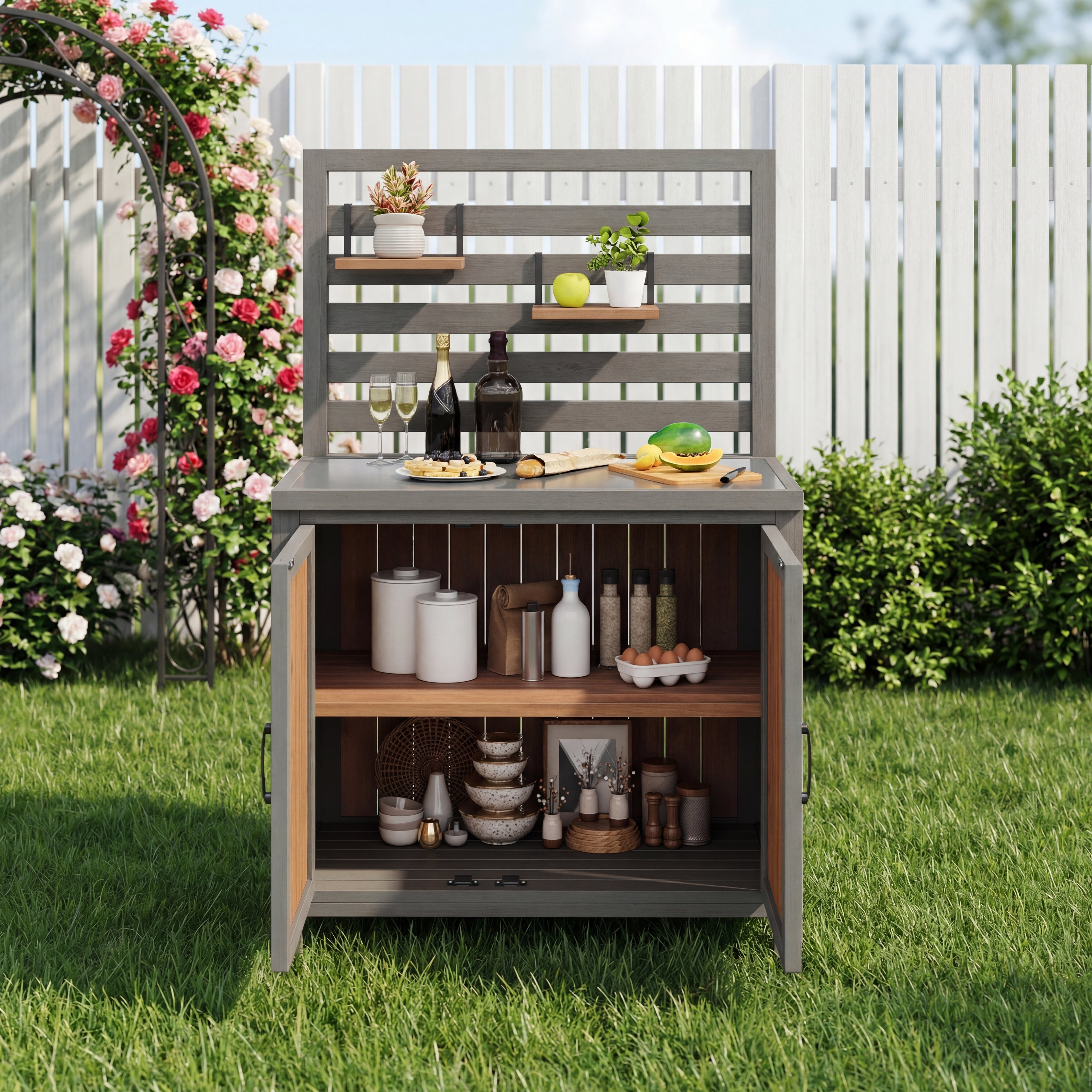 Weatherproof wooden garden cabinet – tool shed with stainless steel worktop, grill station with adjustable shelves and storage compartments, kitchen cabinet for patio, balcony, garden