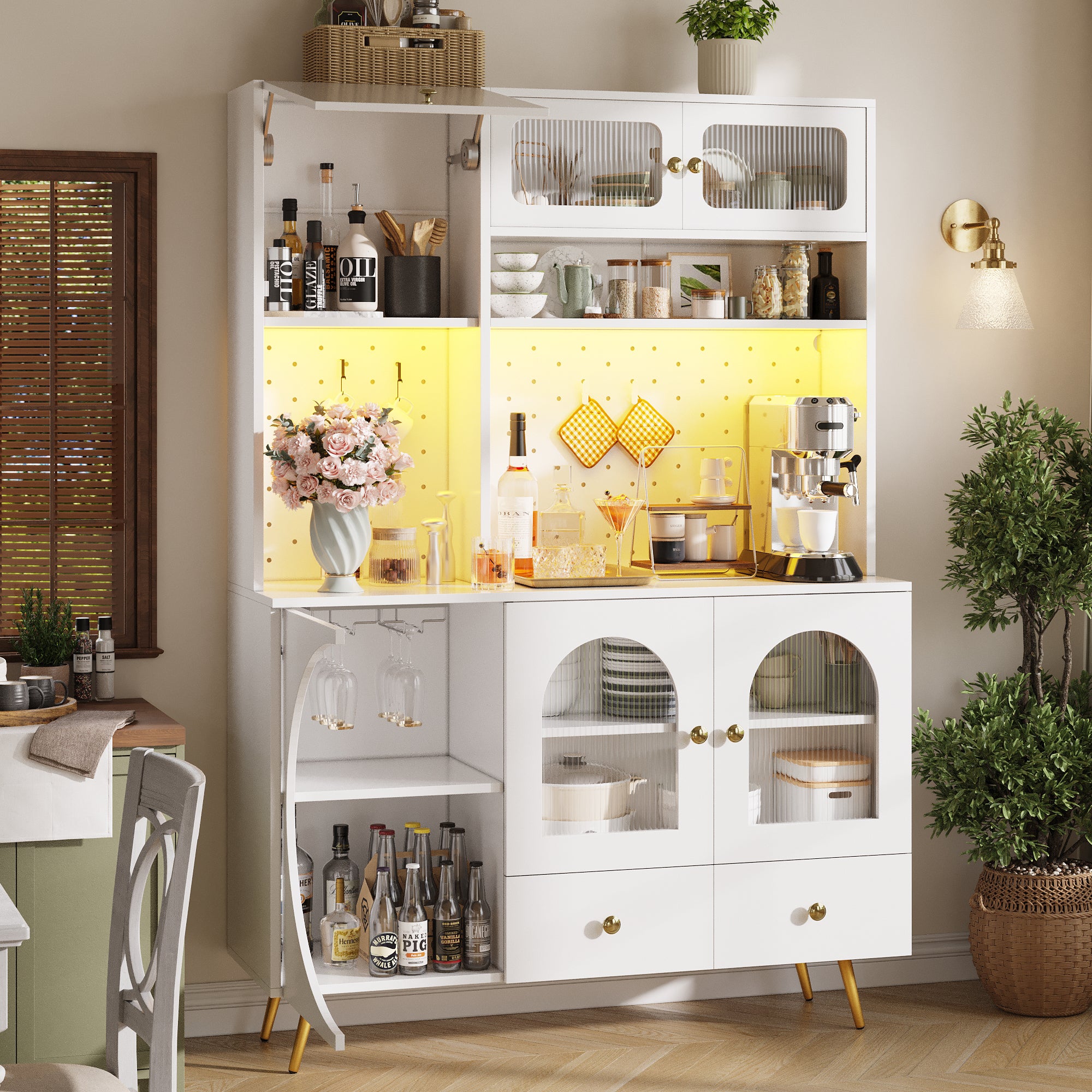 Tall Kitchen Cabinet with LED Lights & USB Ports, Modern Sideboard Storage Cabinet with Power Outlets, Perforated Wall, Drawer & Glass Shelves, for Kitchen & Living Room, 120x40x176 cm, White