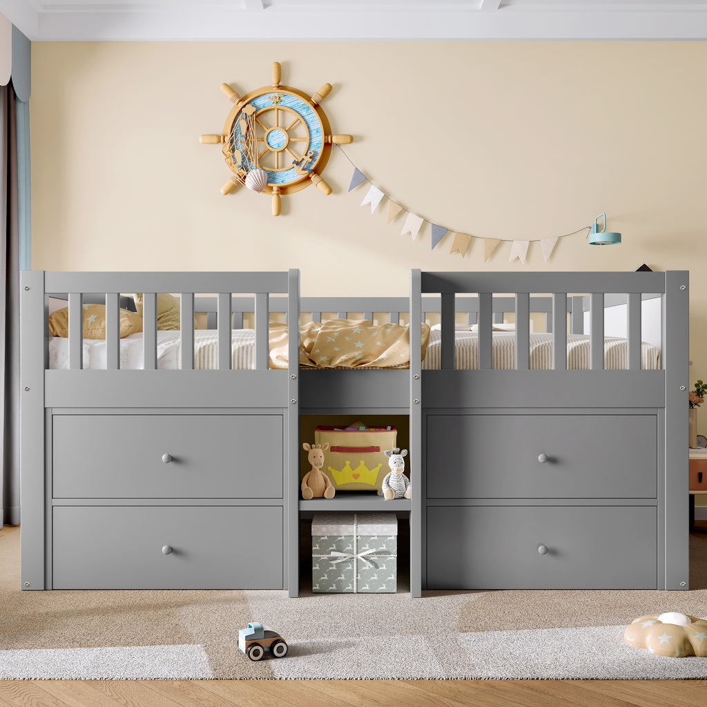 Low Loft Bed with Storage, Solid Wood Bed Frame with Drawer Storage, 3ft Single Bed with Guardrail, No Box Spring Needed, Saving-space Design for Bedroom, Modern Bed for Children, Grey (No Mattress)