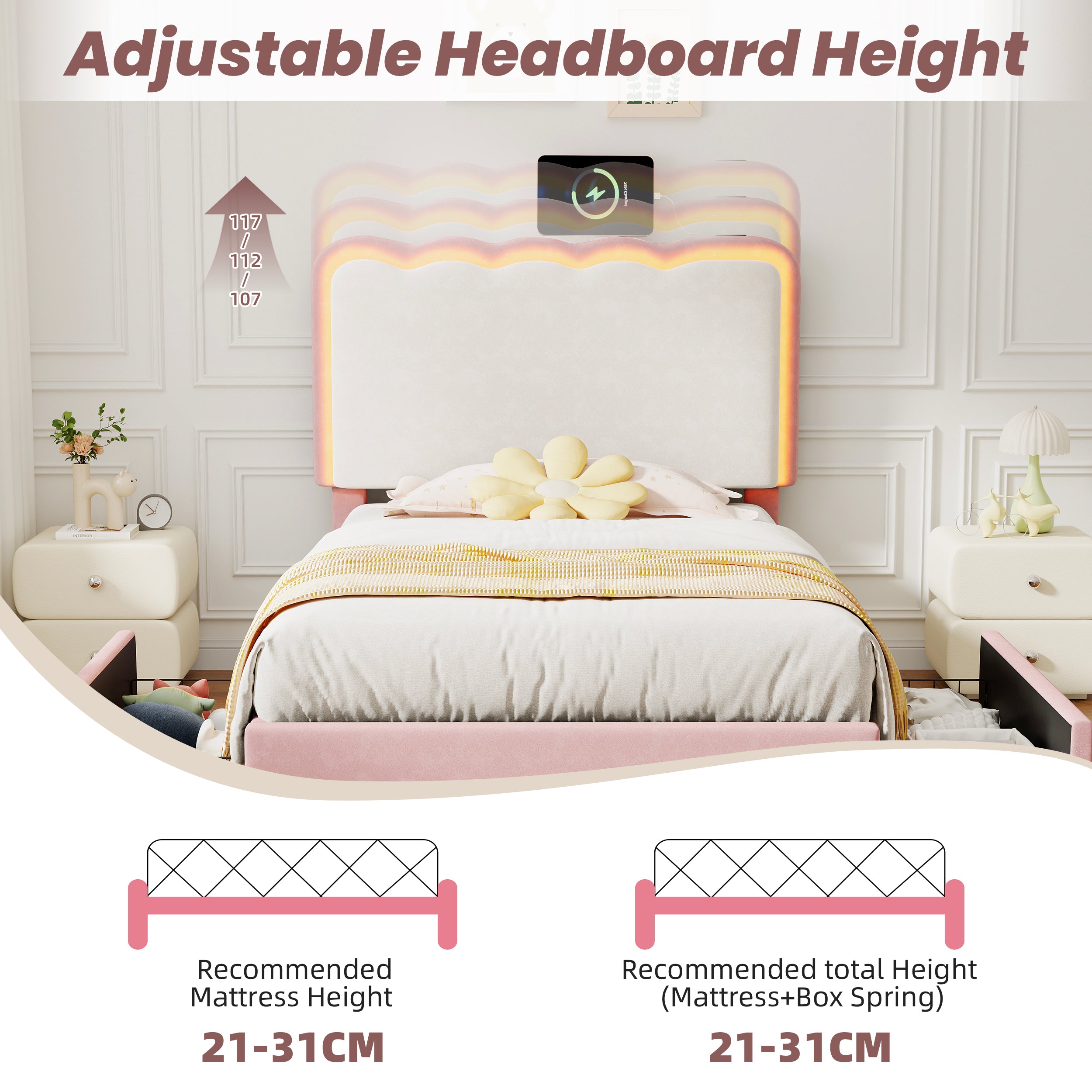 3ft Single Upholstered Bed with Adjustable LED Wavy Headboard, Soft Velvet Bed Frame with 2 Storage Drawers, Bed Frame with Solid Wood Slat, Easy Assembly, Pink+Cream White (No Mattress)