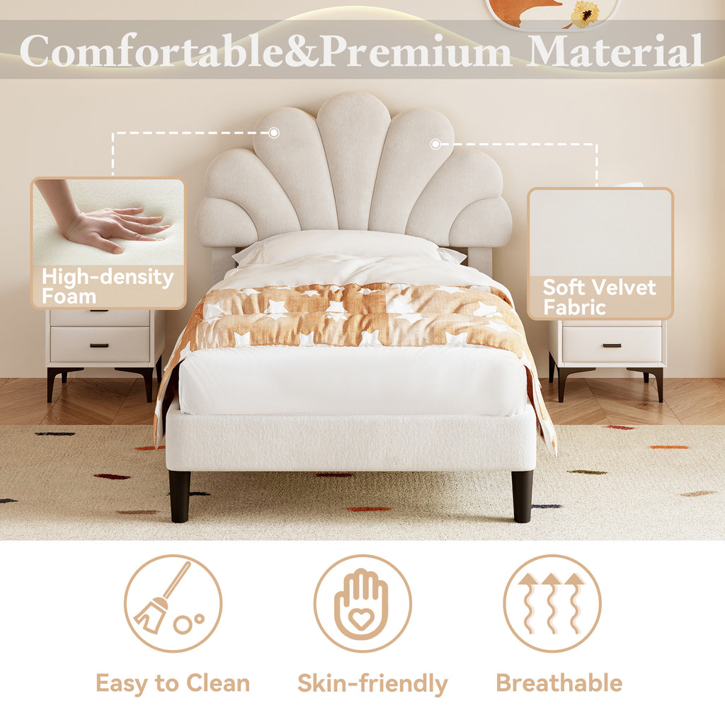 3ft Single Upholstered Velvet Bed Frame, with Adjustable Chic Petal Headboard, Velvet Platform Bed Frame with Solid Wood Slat, No Box Spring Needed, Easy Assembly, Beige