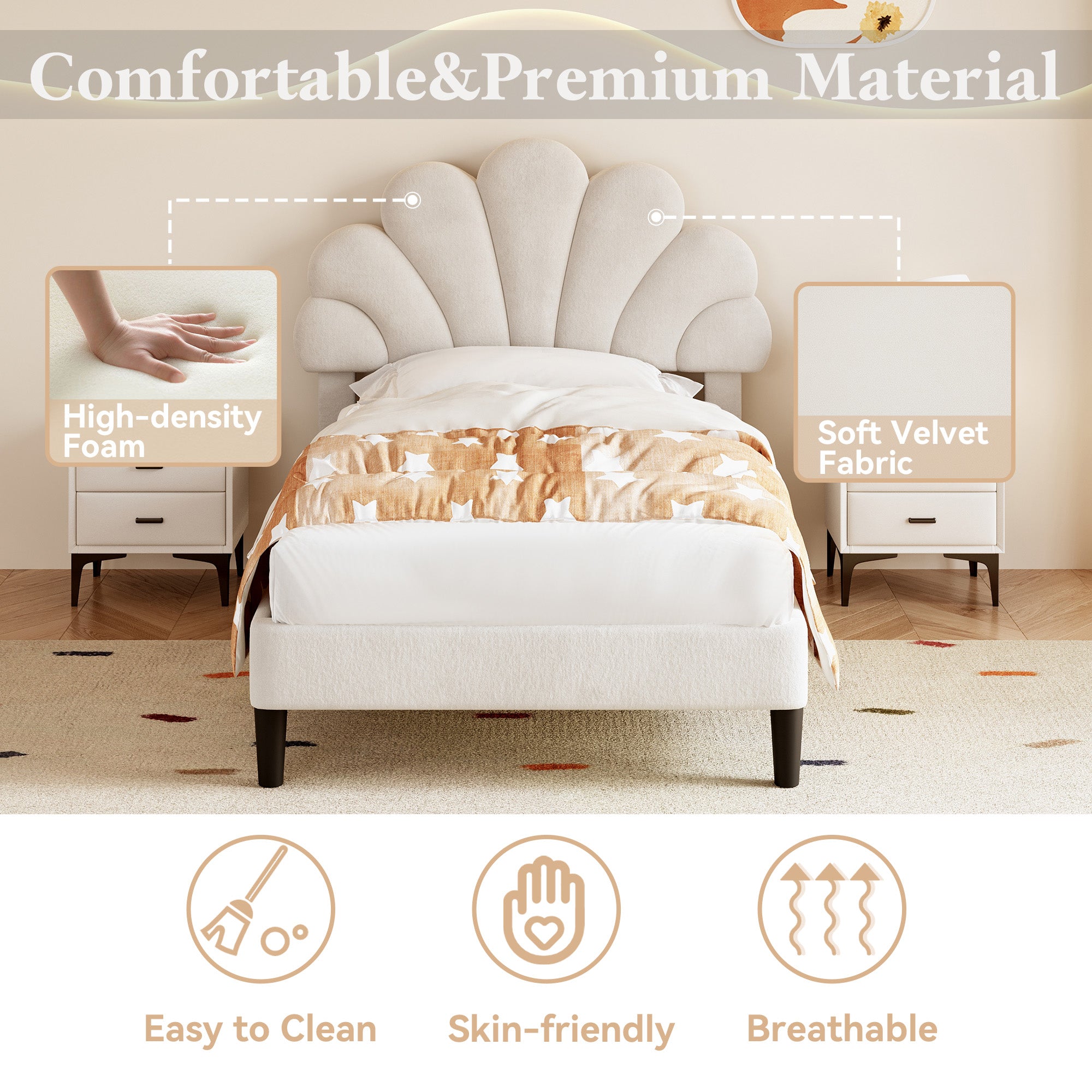 3ft Single Upholstered Velvet Bed Frame, with Adjustable Chic Petal Headboard, Velvet Platform Bed Frame with Solid Wood Slat, No Box Spring Needed, Easy Assembly, Beige