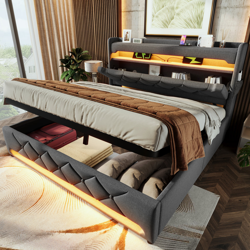 Upholstered Bed 180 x 200 cm with LED Lighting, USB Type-C Charging, Storage Headboard for Cellphones and Tablets, 6ft Hydraulic Storage Bed with Metal Slatted Frame, Linen, Grey (No Mattress)