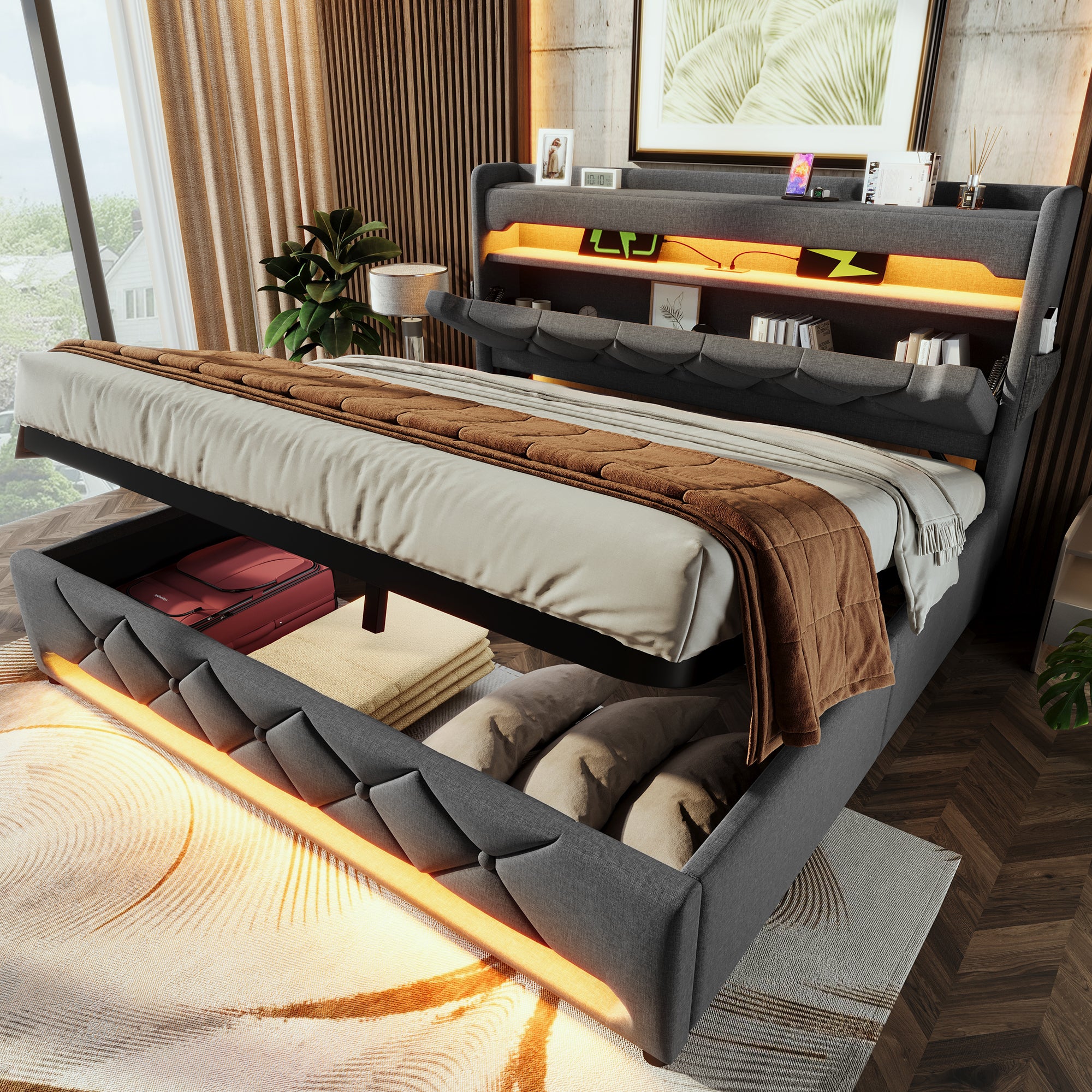Upholstered Bed 180 x 200 cm with LED Lighting, USB Type-C Charging, Storage Headboard for Cellphones and Tablets, 6ft Hydraulic Storage Bed with Metal Slatted Frame, Linen, Grey (No Mattress)