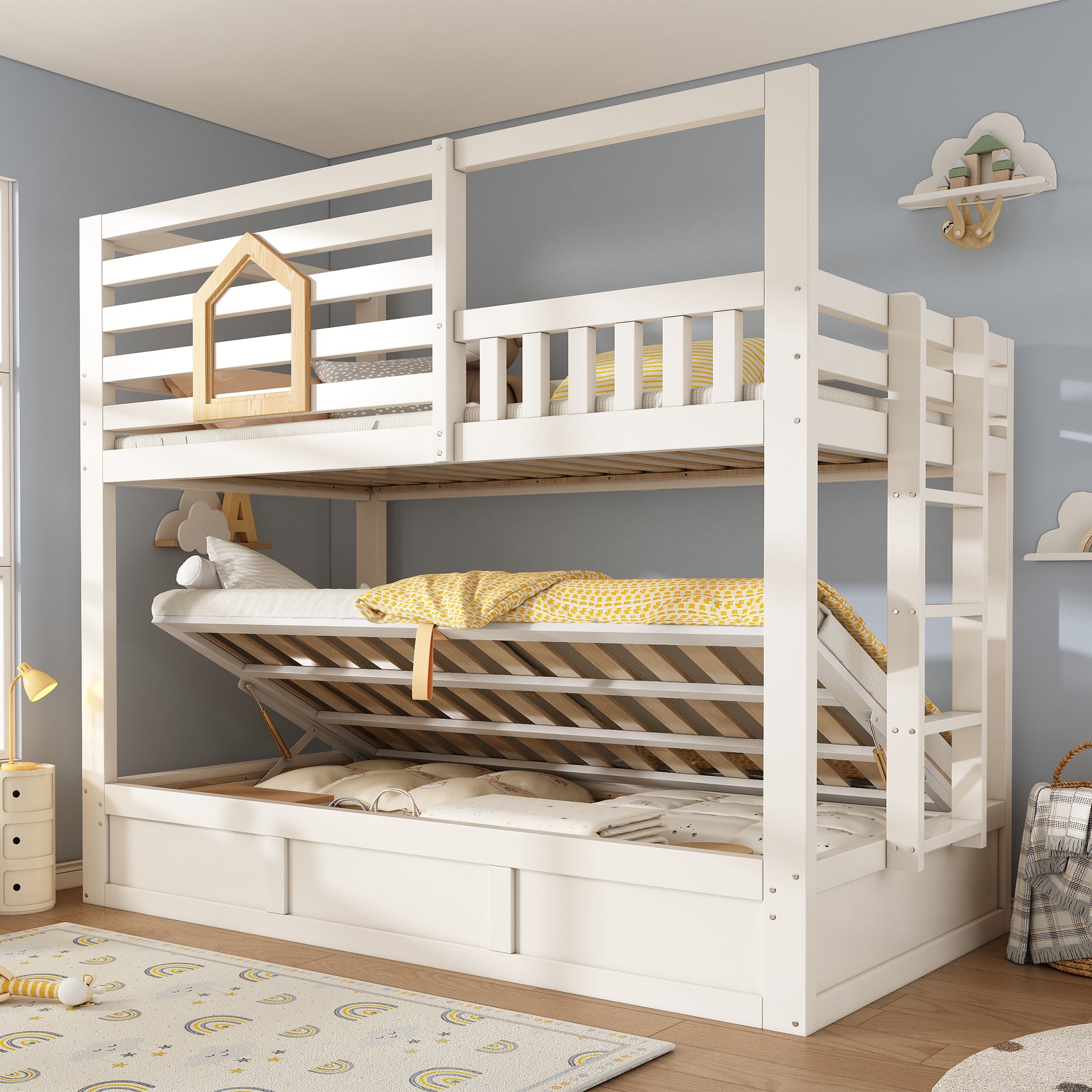 Bunk Beds for Kids with Ladder, Wooden Cabin Bed Hydraulic Storage, Children's House Bed, Twin Sleeper (90+90) x 190 cm, Solid Wood, White