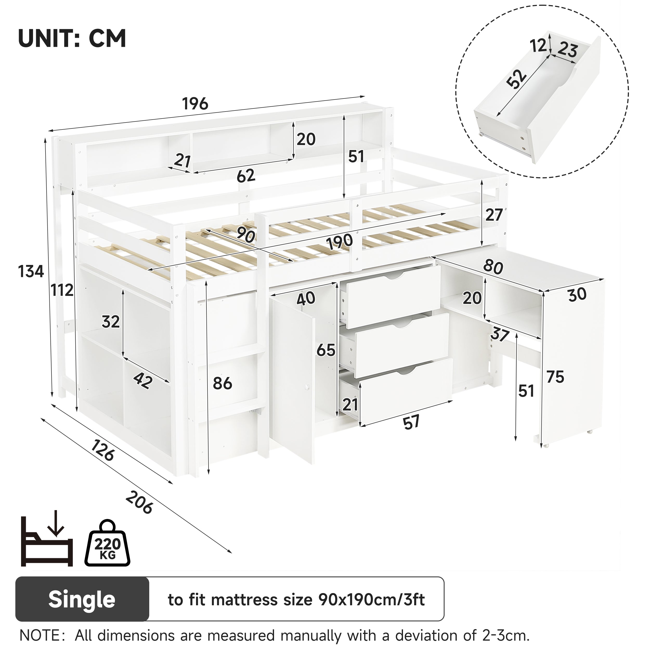 3ft Single Wooden Storage Bed with Pull-out Desk, Modern Wood Bed with Three Drawers, Storage Cabinet & Headboard Shelves, Space-saving Design with Storage Compartment, White (No Mattress)