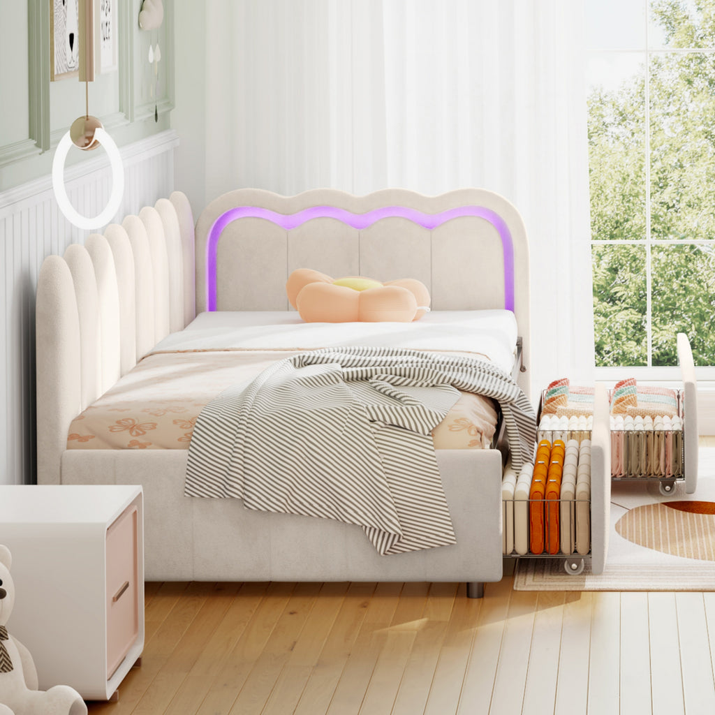 3ft Single Daybed with Smart RGB LED Lights and 2 Storage Drawers, Modern Velvet Youth Bed with Scalloped Backrest and Wooden Slats, Reversible Side Panel, Easy Assembly, Beige (No Mattress)