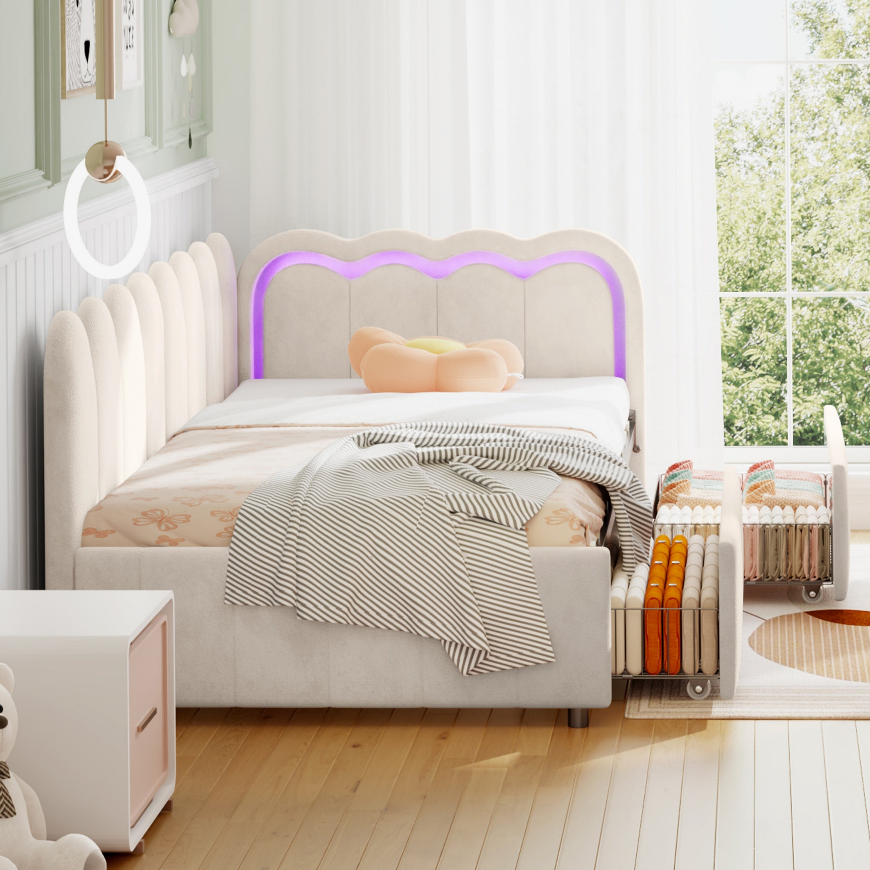 3ft Single Daybed with Smart RGB LED Lights and 2 Storage Drawers, Modern Velvet Youth Bed with Scalloped Backrest and Wooden Slats, Reversible Side Panel, Easy Assembly, Beige (No Mattress)