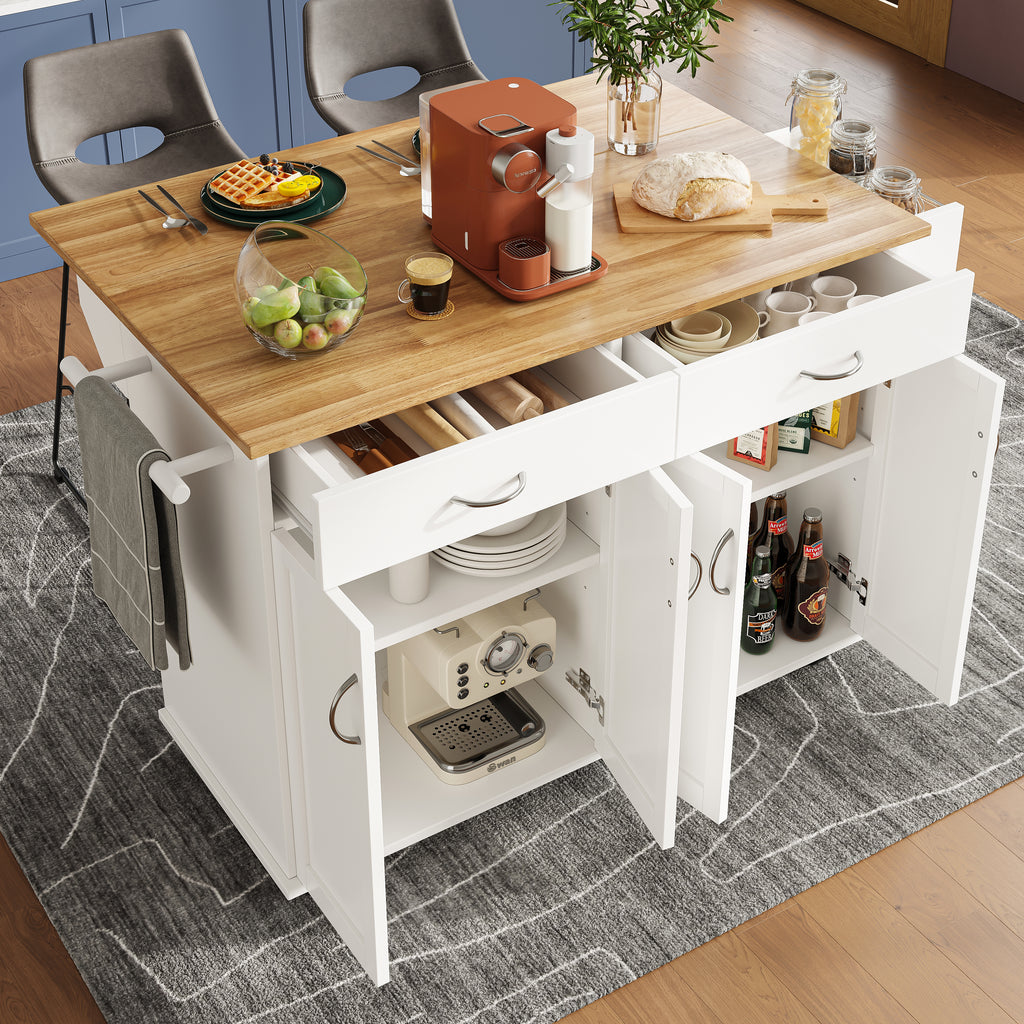 Rolling Kitchen Island Storage Trolley with Large Cabinet, 2 Drawers, Adjustable Shelf, Spice&Towel Rack, Sideboard Cupboard Cabinet Cart, Dining Room Organiser , White