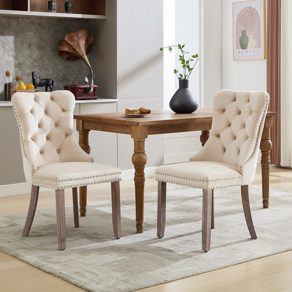 Modern Set of 2 Upholstered Velvet Dining Chairs, Button Tufted Kitchen Lounge Chairs with Brushed Wood Legs, Riveted Trim and Knocker Ring, for Dining Room Living Room, Beige