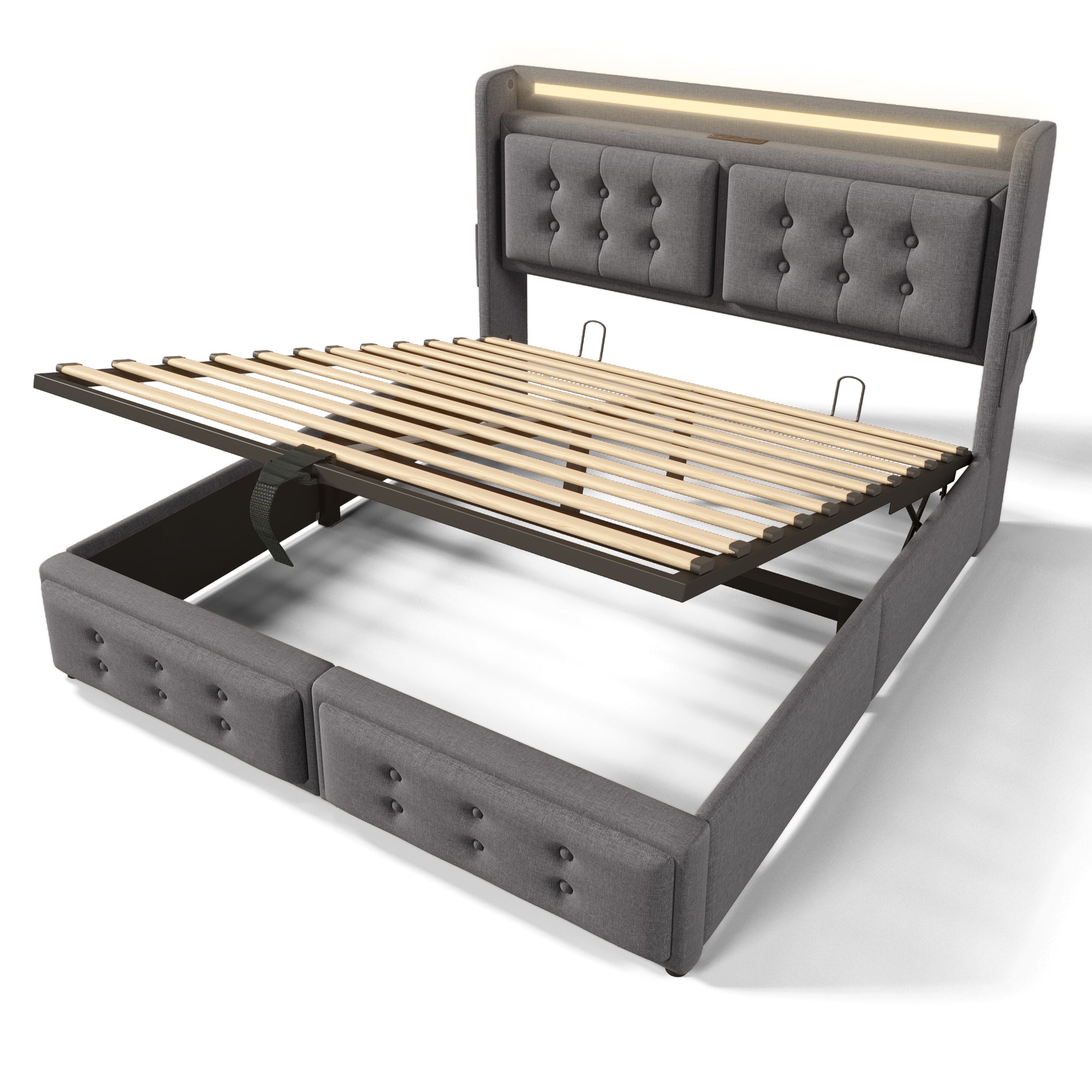 Upholstered King Bed, 5FT Hydraulic Bed with LED Lighting, USB Type-C Charging, Headboard for Cellphones & Tablets, 150 x 200 cm, Linen, Grey (No Mattress)