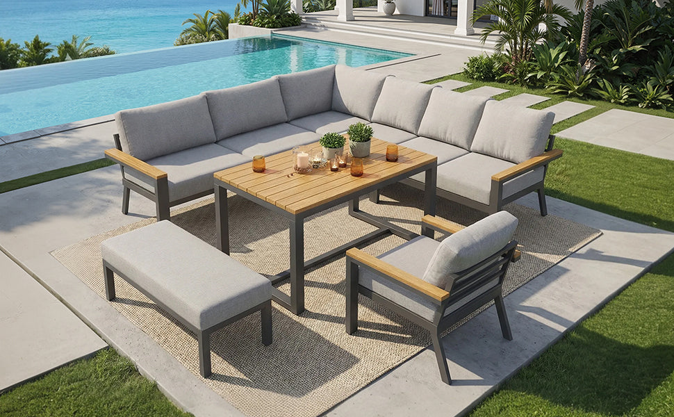 Eight-person L-shaped garden sofa set with wooden table / Weatherproof corner suite made of iron / Including armchair, bench & wooden worktop / With grey cushions