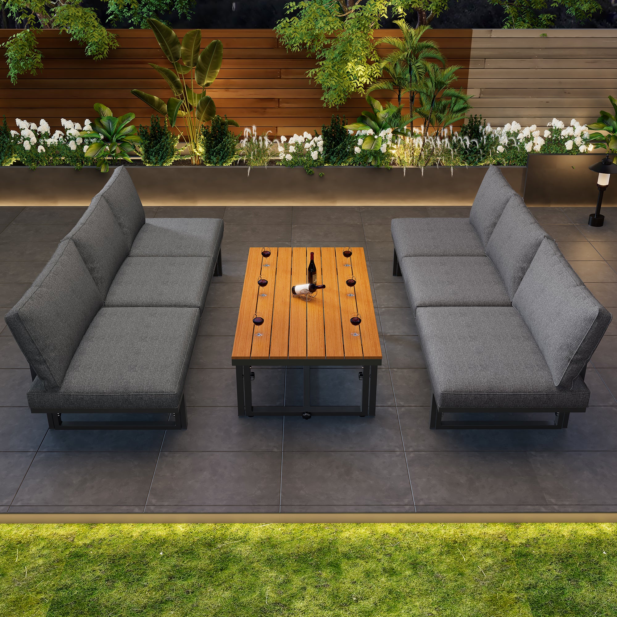 Outdoor Garden Furniture Set With 2 Sofas and Table with Galvanised Iron Frame, Adjustable Backrests, Adjustable Table, Acacia Wood, Including All Seat Cushions and Pillows, Grey
