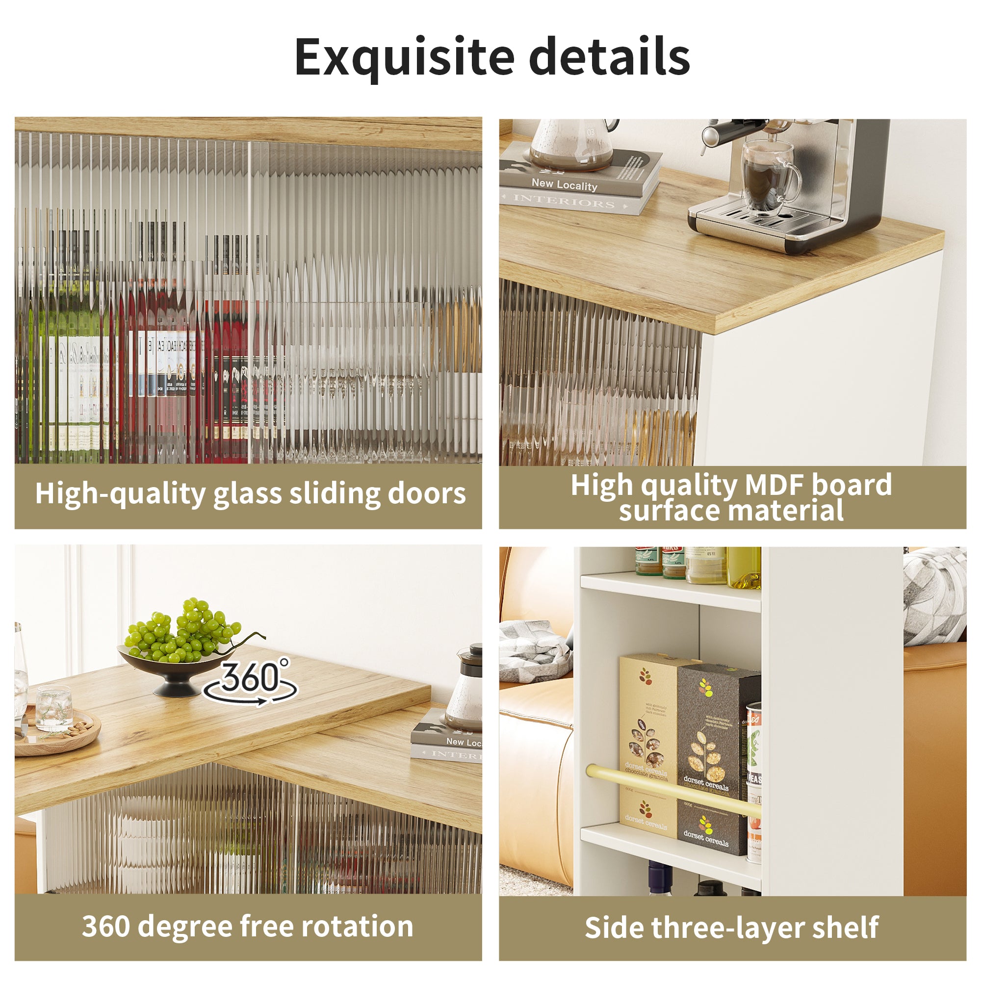360° swivelling high table (main body 90 x 45 x 100 cm), white multifunctional swivelling sideboard with storage compartment, sliding glass door, suitable for kitchen/dining room