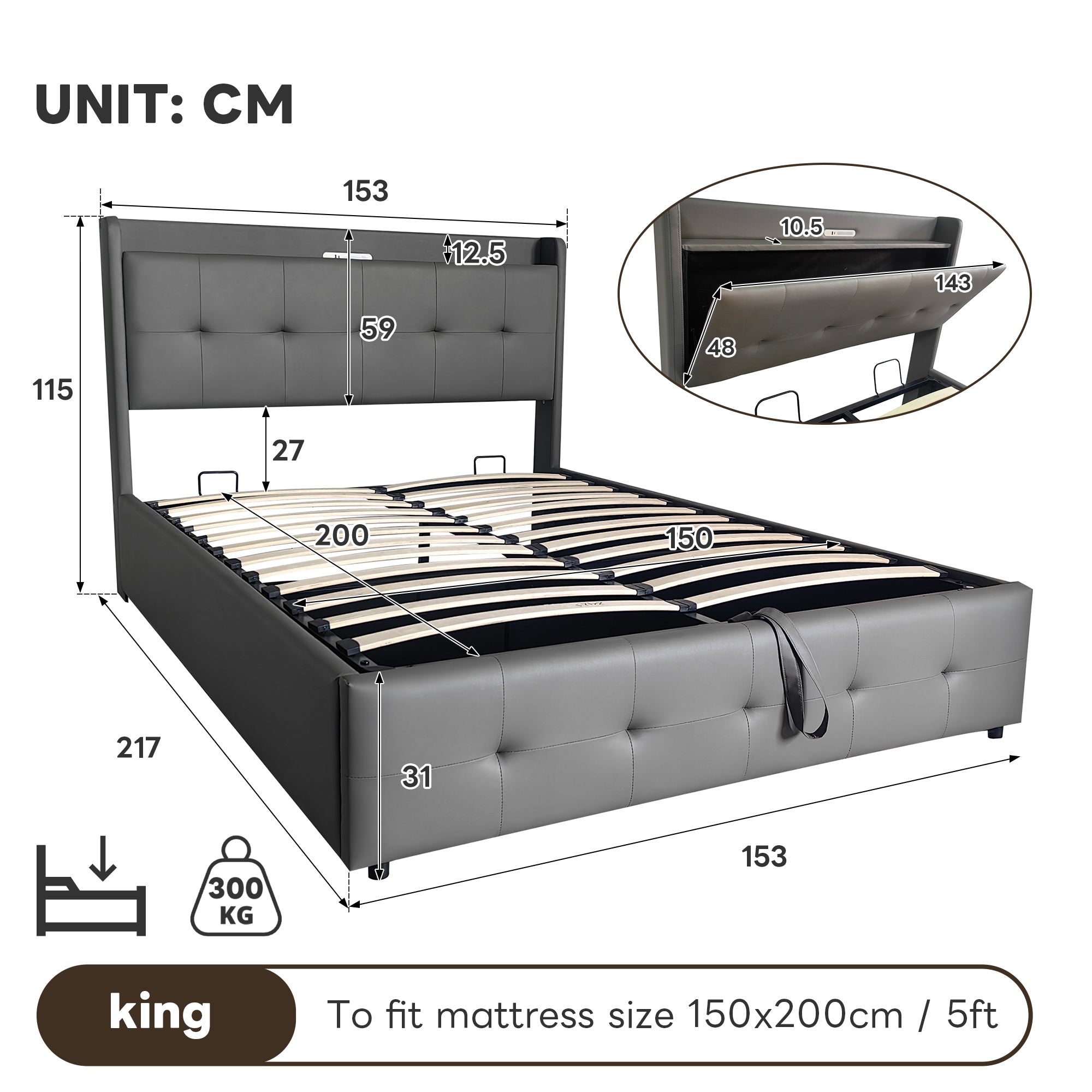 5ft King Upholstered Bed Frame with Hydraulic Storage, PU Leather Ottoman Bed with Concealed Headboard Storage, Double Bed with Charging Station and LED Night Light,  Grey (No Mattress)