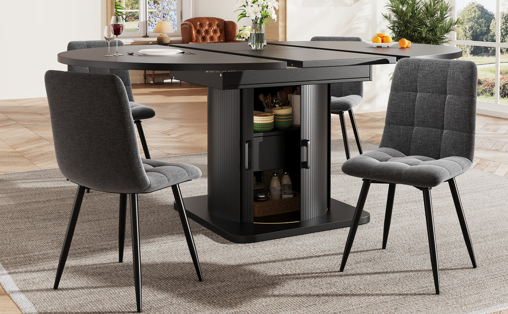 Extendable dining table, dining room table, kitchen table, round dining table, extends to oval, 118-158 cm, seats up to 6 people, dining table with drawers, black