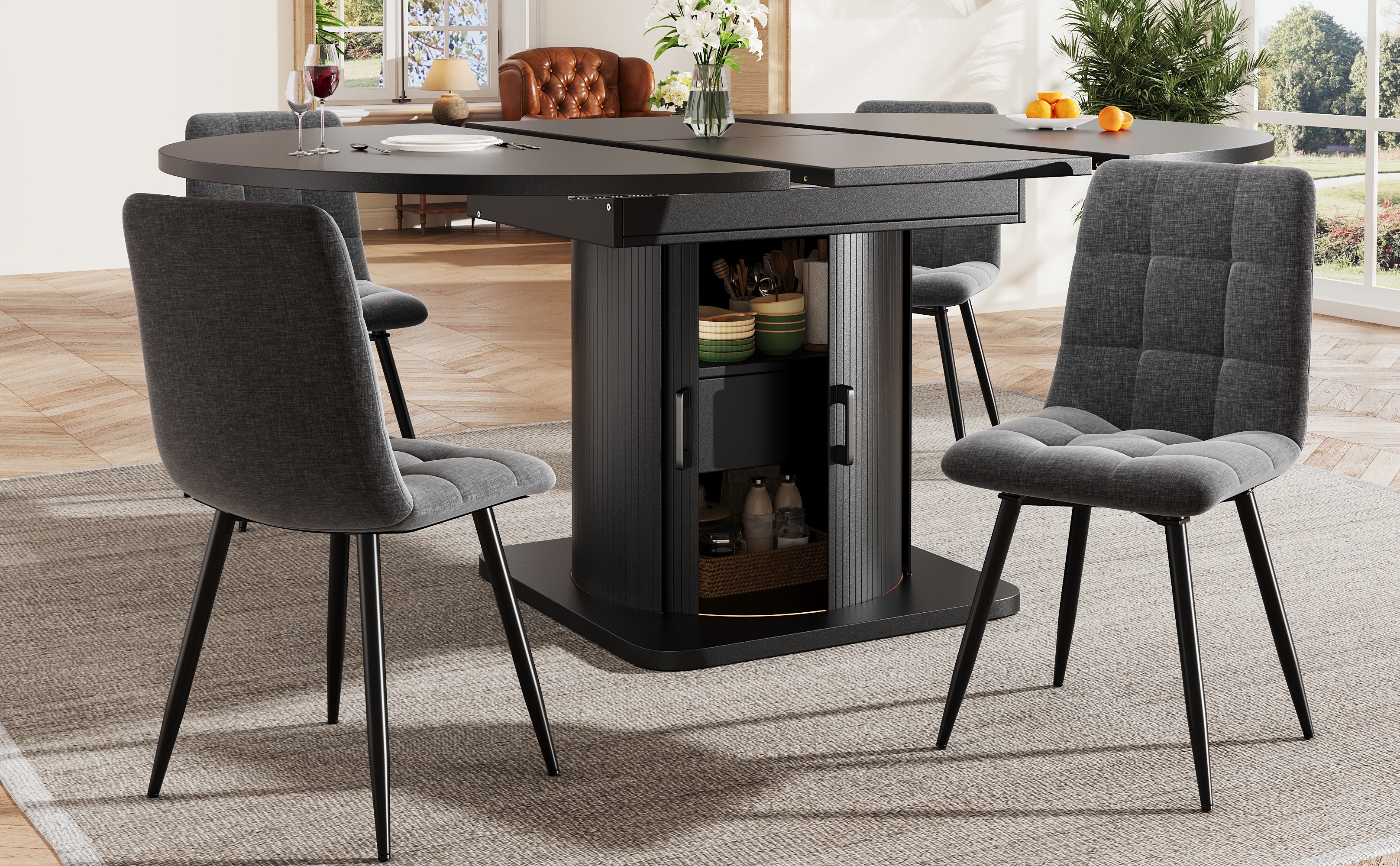 Extendable dining table, dining room table, kitchen table, round dining table, extends to oval, 118-158 cm, seats up to 6 people, dining table with drawers, black