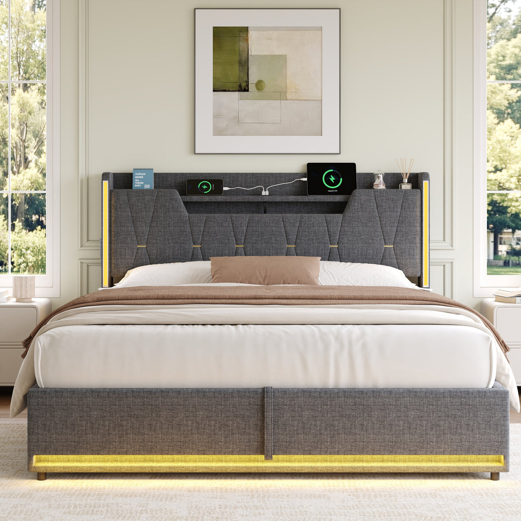 5ft King Upholstered Bed Frame with Hydraulic Storage,  LED X-Shape Headboard with Charging Station and Flip-top Headboard Storage, USB and Type - C Ports, Linen, Grey (No Mattress)