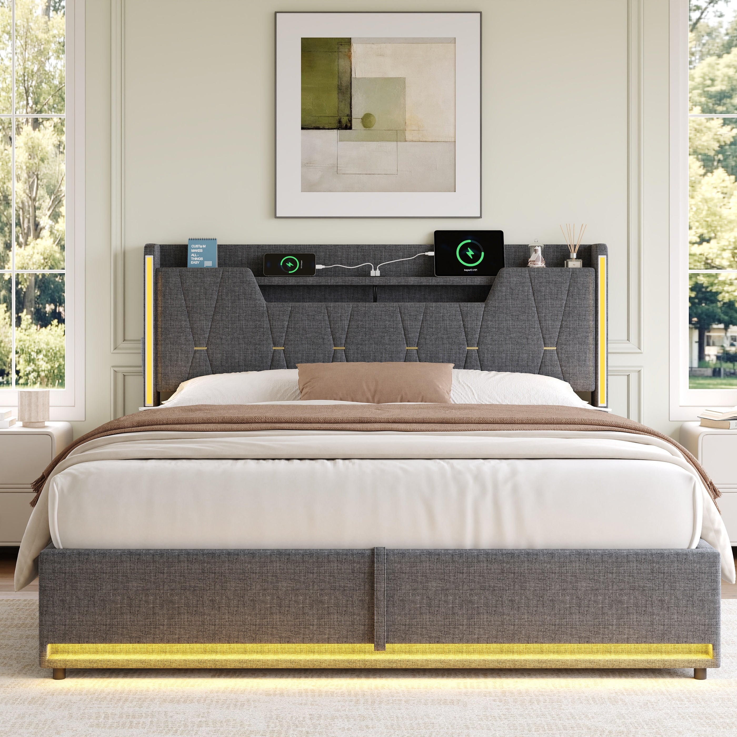 5ft King Upholstered Bed Frame with Hydraulic Storage,  LED X-Shape Headboard with Charging Station and Flip-top Headboard Storage, USB and Type - C Ports, Linen, Grey (No Mattress)