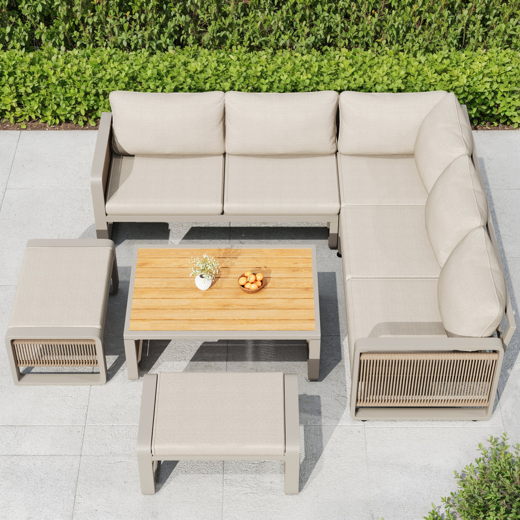 Garden lounge chair set, furniture set for 6-7 people, handwoven rope garden sofa, weatherproof corner set & iron lounger, including soft seat and back cushions, adjustable feet, beige