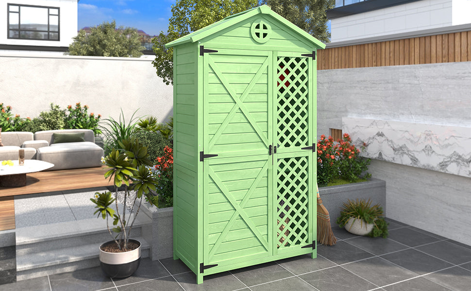 Outdoor Wood Garden Furniture Storage Shed, Tool House with Ventilation Slots for Backyard, Patio, Fade Free, All Weather Resistant, Safe and Secure, Zero Maintenance, Green