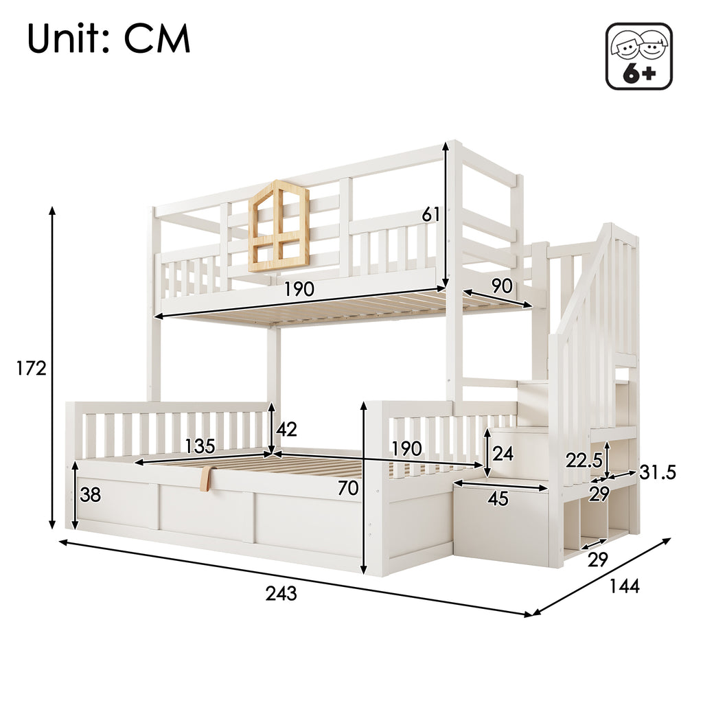 Bunk Beds for Kids, Staircase Bunk with Hydraulic Storage, Children's Bed with Storage Cube, Double Bunk Bed for Family with Multiple Children, (90+135) x 190 cm, Solid Wood, White