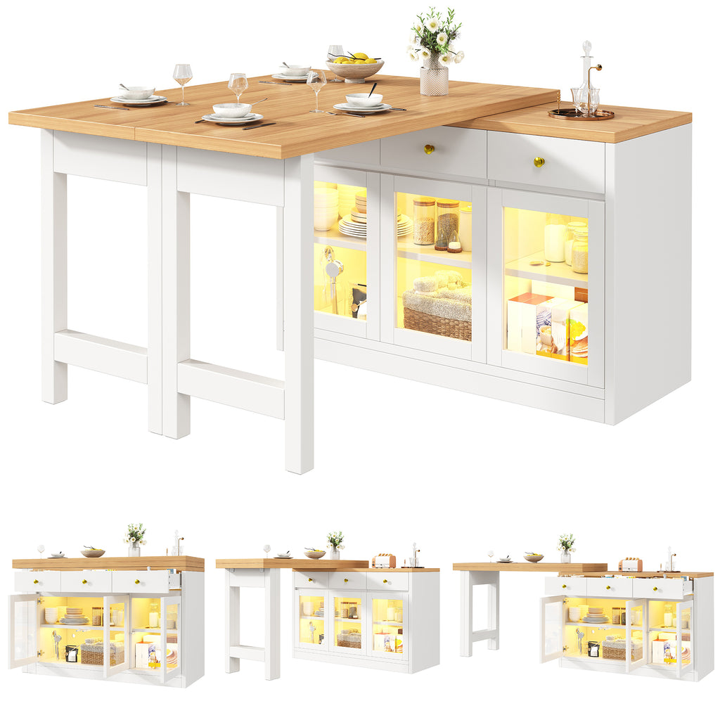 Extendable Kitchen Island with LED Lights, 120-200cm Adjustable Dining Table with Storage, 3 Drawers & Glass Cabinets, White/Black