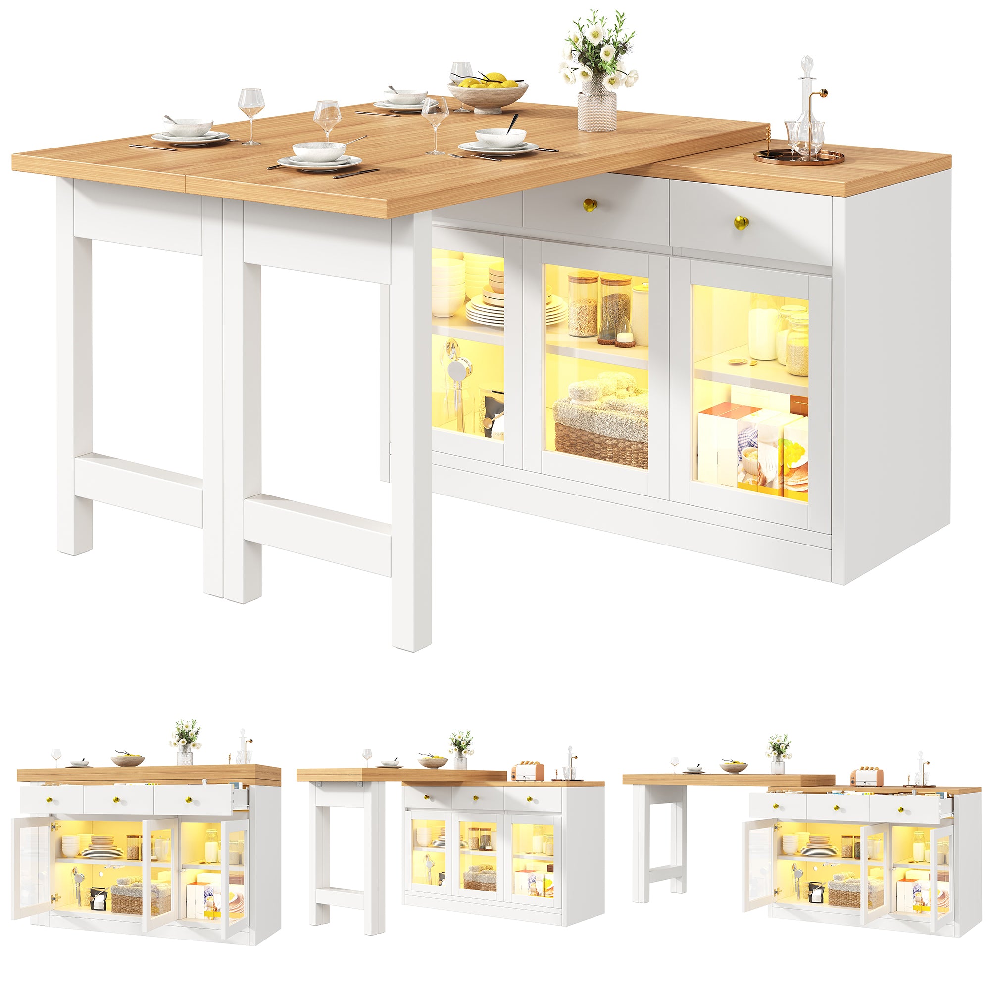 Extendable Kitchen Island with LED Lights, 120-200cm Adjustable Dining Table with Storage, 3 Drawers & Glass Cabinets, White/Black