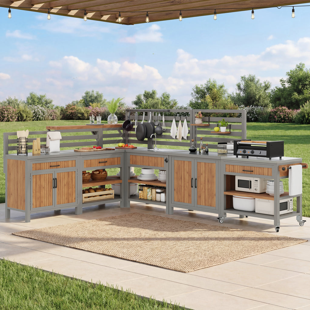 BBQ side table, mobile garden cabinet, weatherproof, stainless steel worktop, wooden garden cabinet, outdoor weatherproof tool cabinet, outdoor cabinet with large work surface and drawer