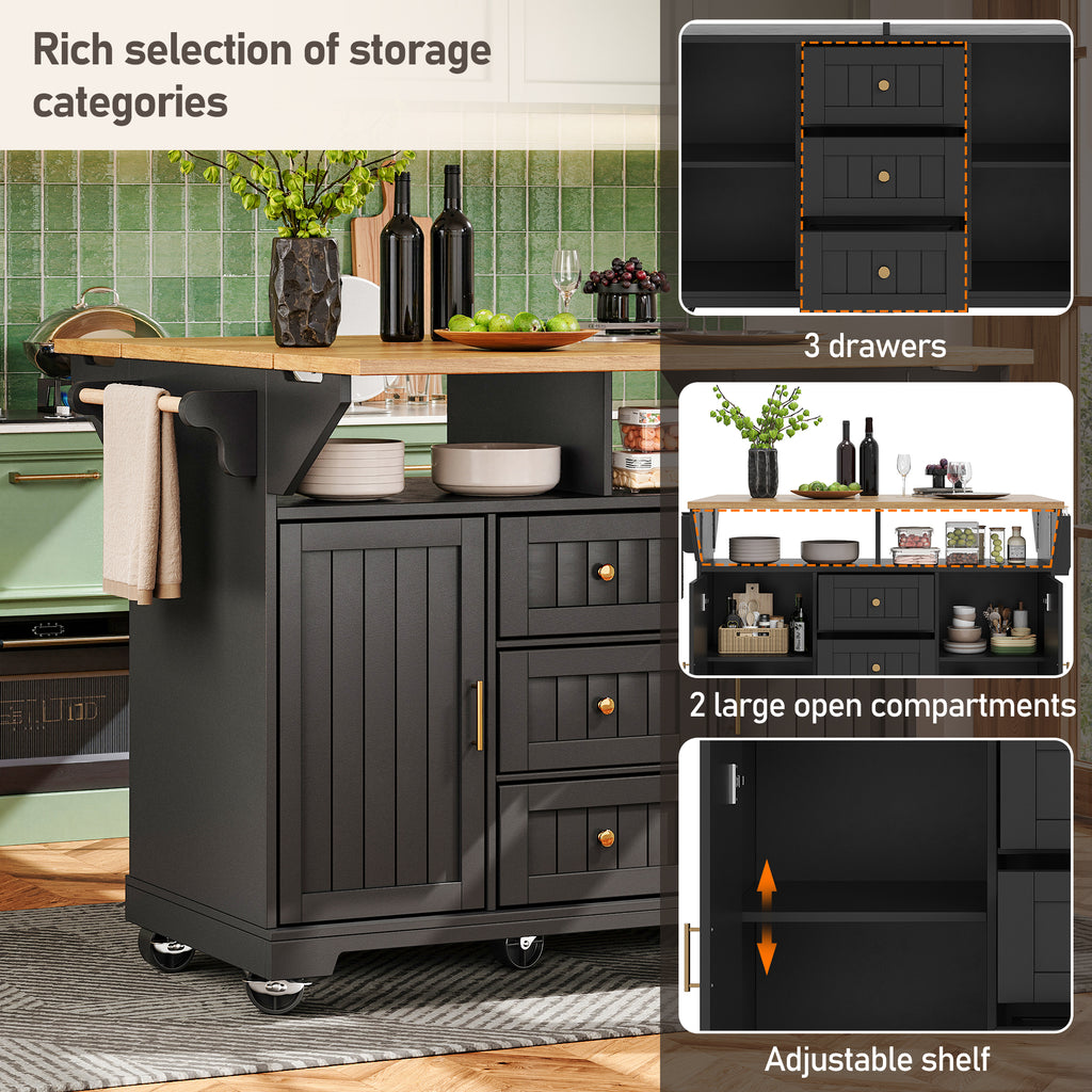Kitchen island, cabinet, sideboard 120 x 40 (80) x 95 cm, extendable kitchen trolley with casters, extendable on both sides, with towel rail and spice rack, two doors, three drawers, black/white