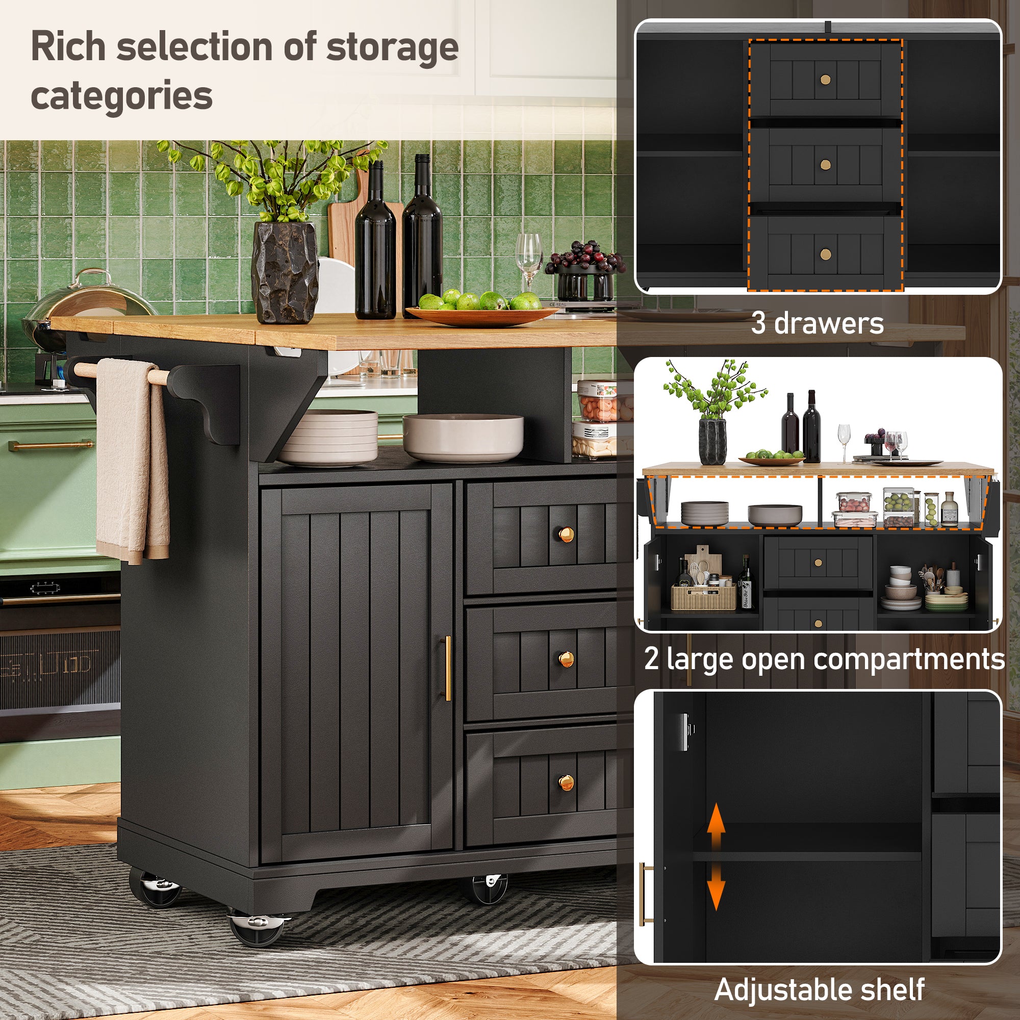 Kitchen island, cabinet, sideboard 120 x 40 (80) x 95 cm, extendable kitchen trolley with casters, extendable on both sides, with towel rail and spice rack, two doors, three drawers, black/white